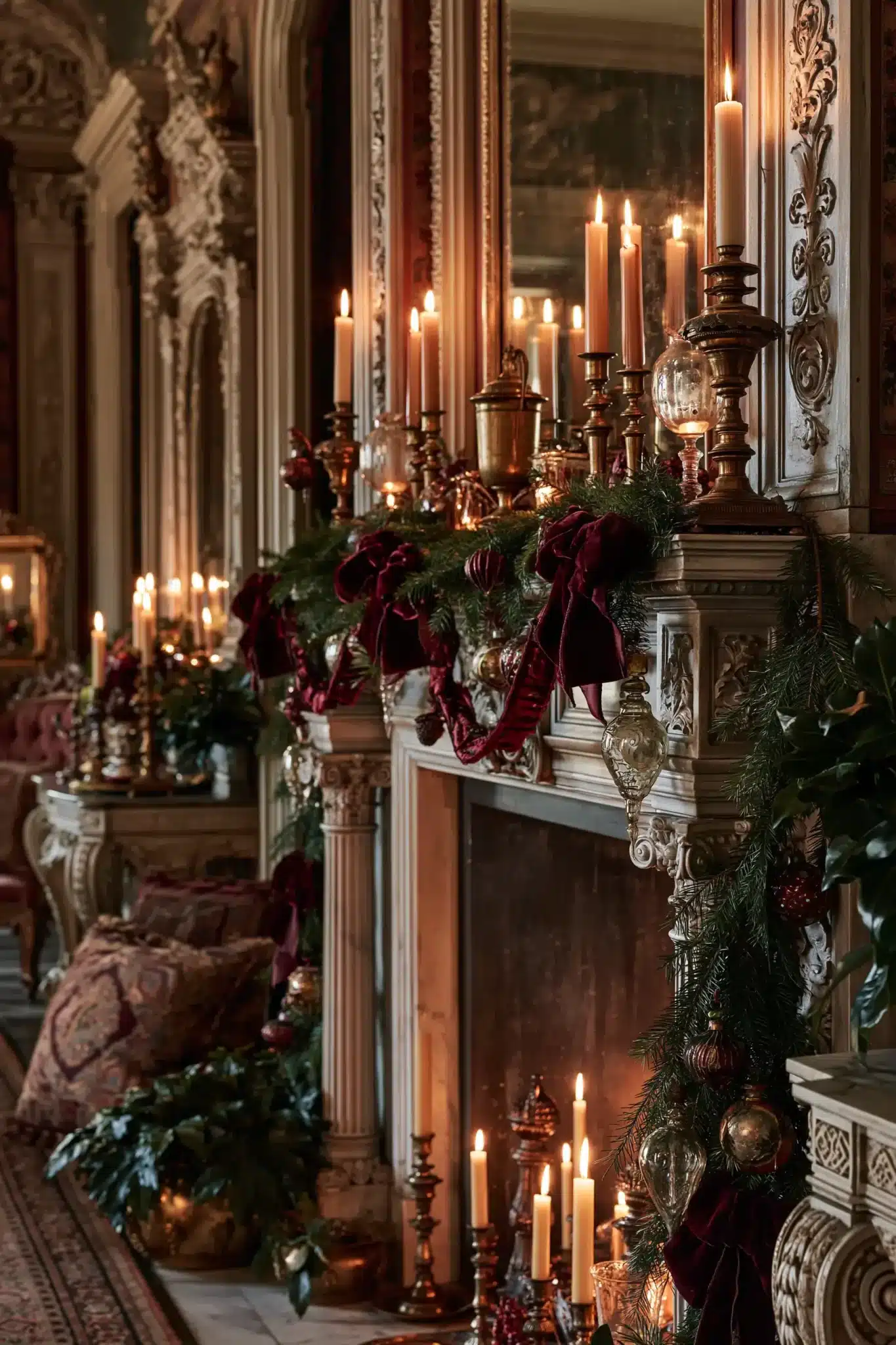 Victorian moody Christmas decor with velvet bows, brass candlesticks, dark walls, and evergreen garlands.