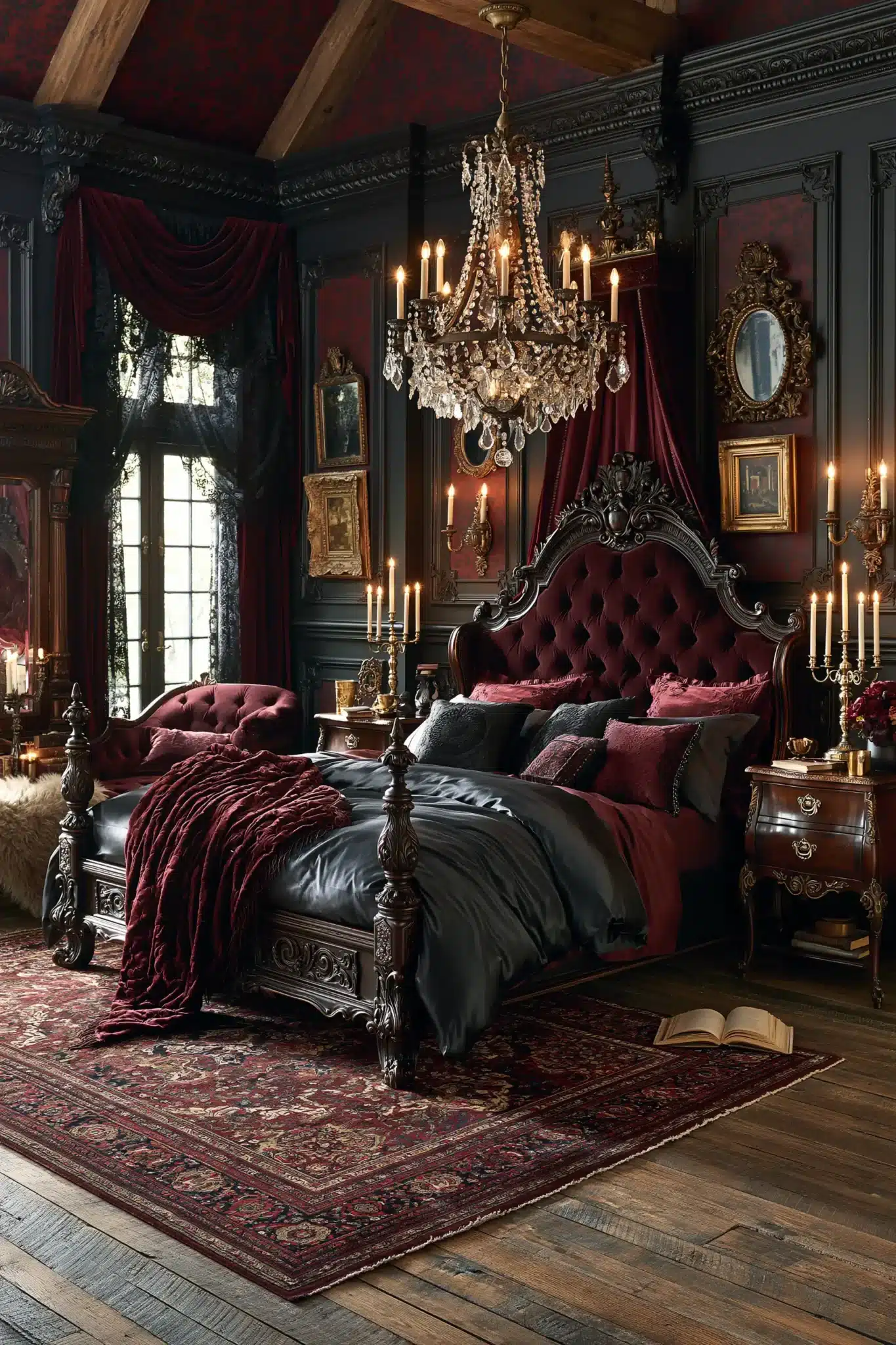 A Victorian-inspired gothic bedroom with dark walls, velvet textures, and brass accents