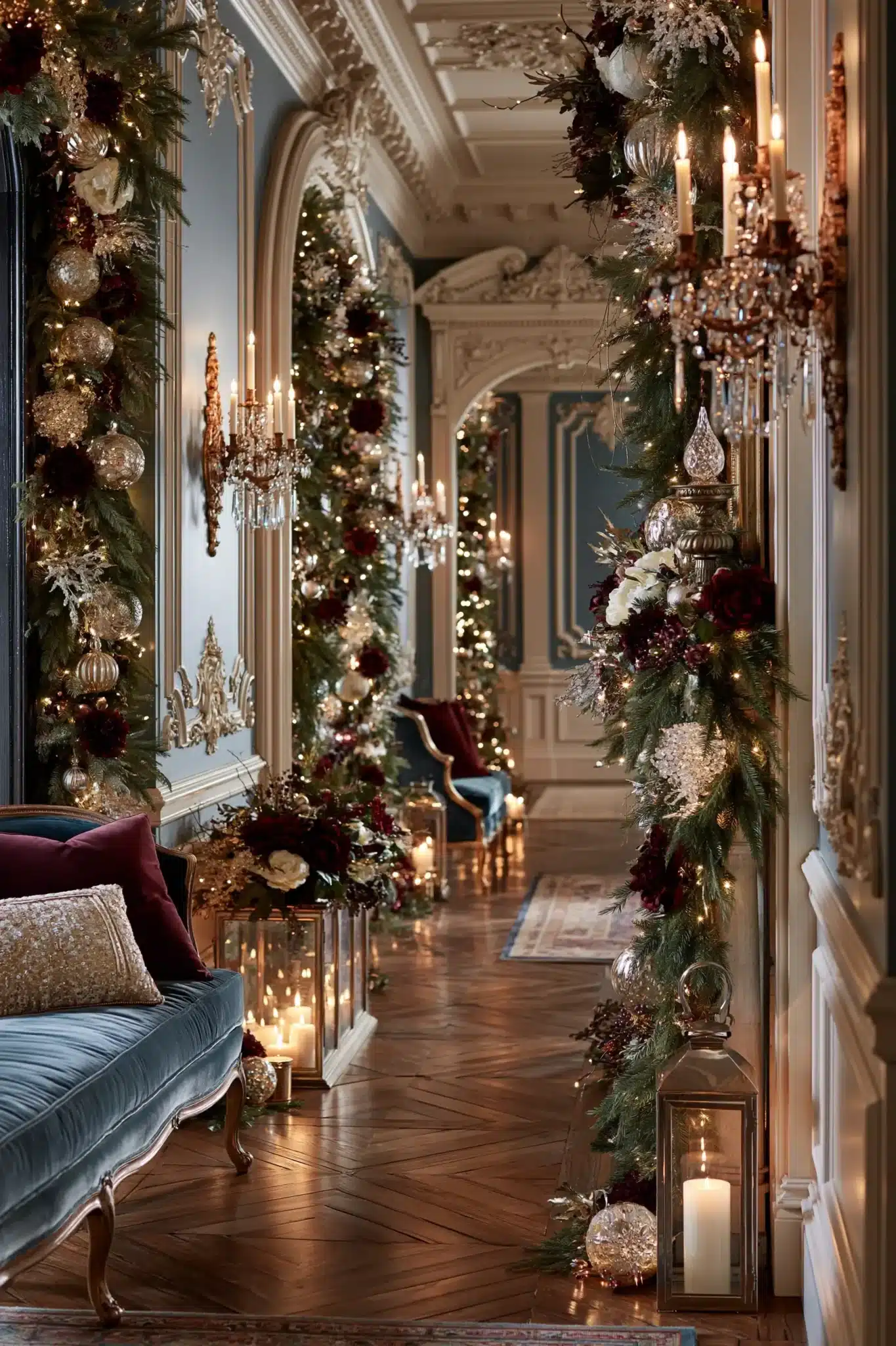 Victorian-inspired hallway with jewel tones, garlands, and candlelight