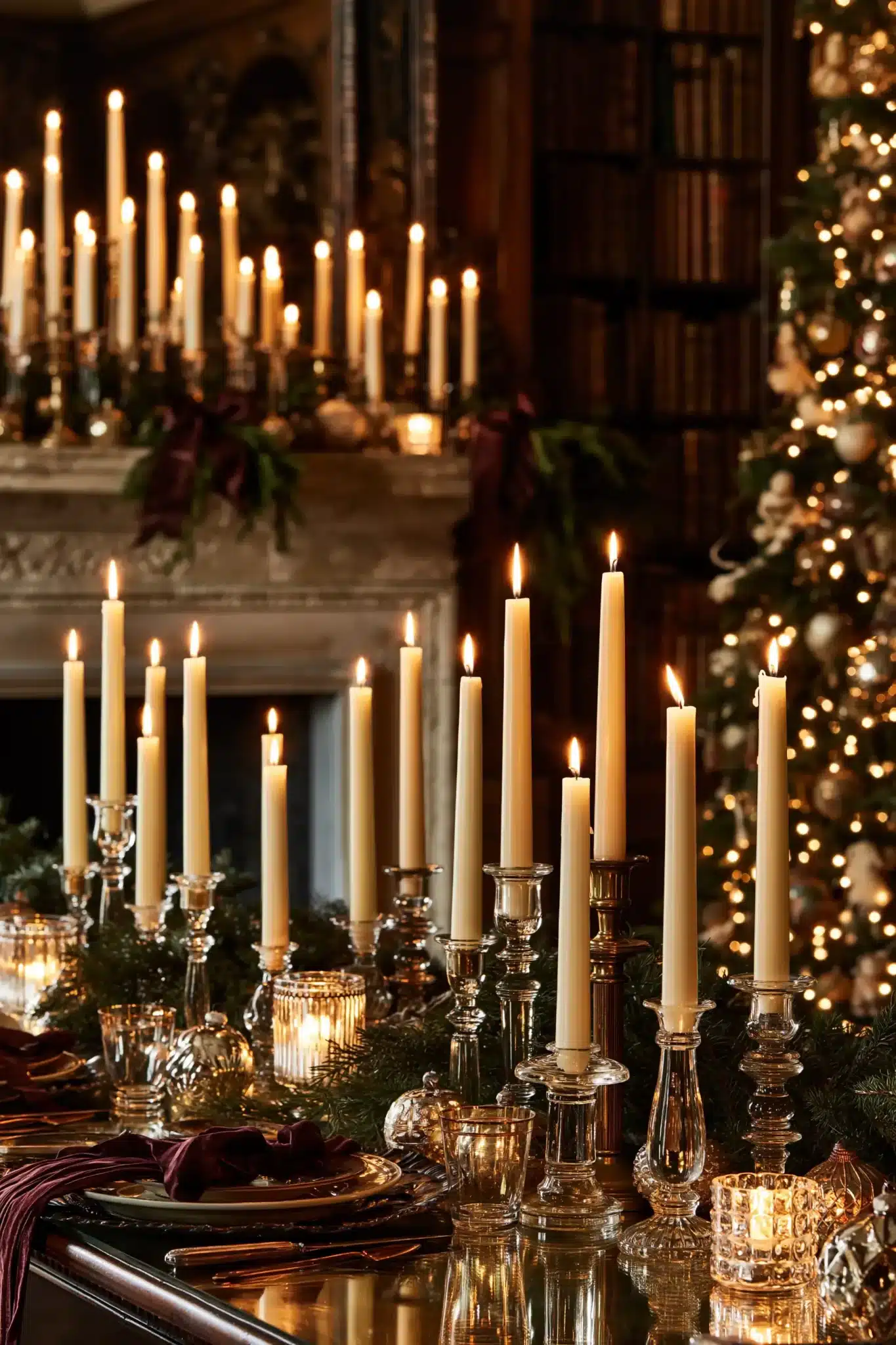Vintage moody Christmas decor lit by candles with antique ornaments, brass, and evergreen garlands.