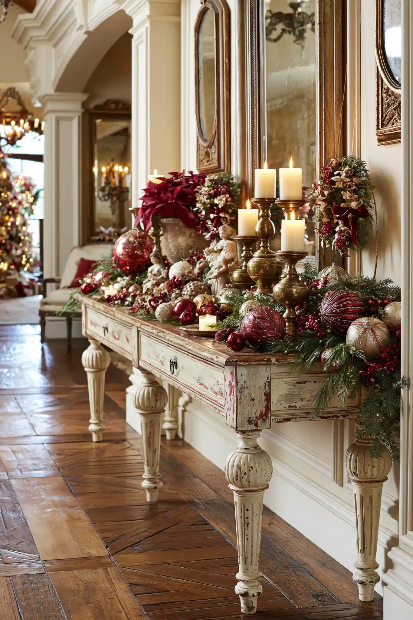 Vintage Christmas entryway table with antique-style ornaments, greenery, and warm holiday lighting