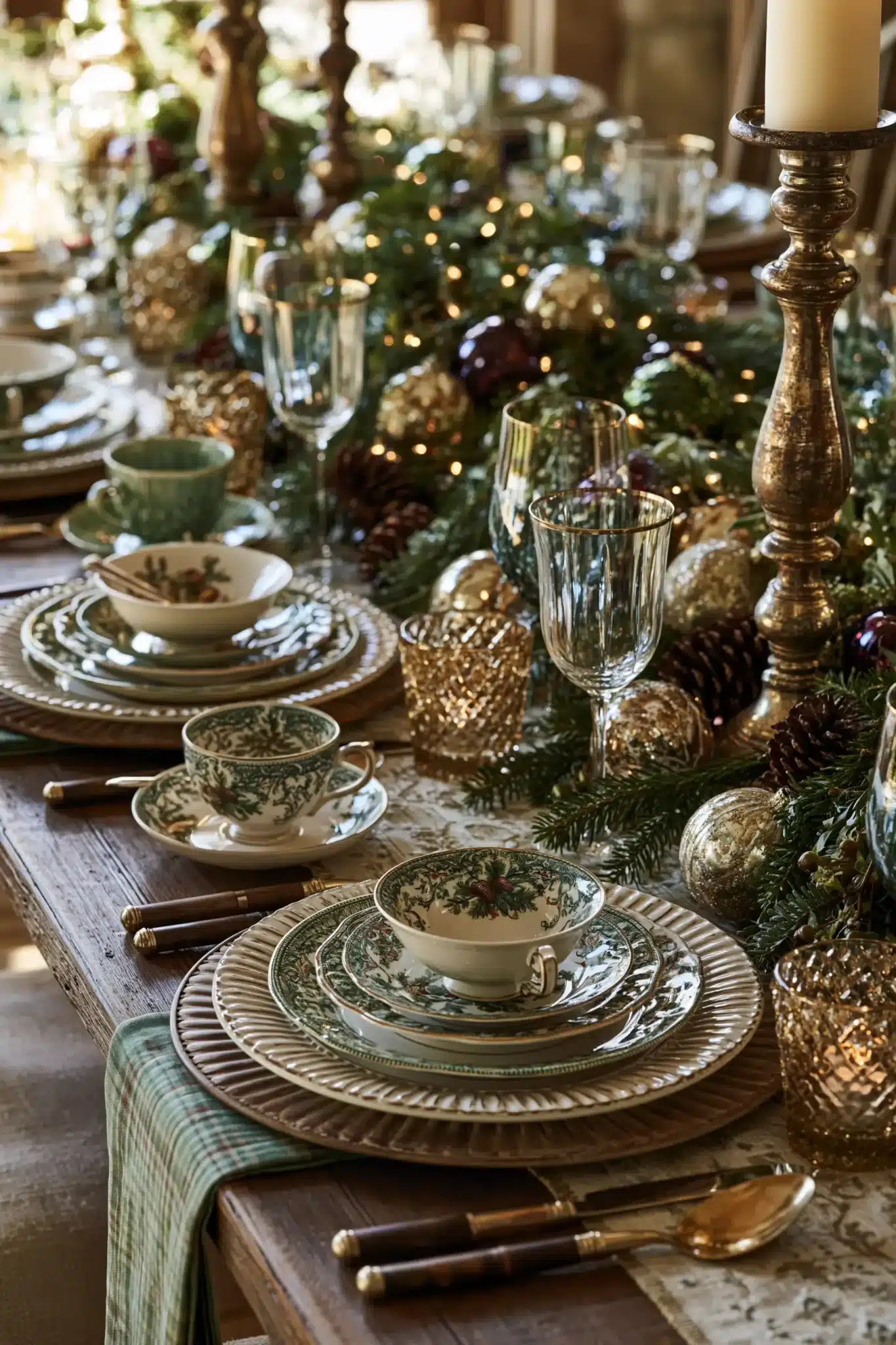 A vintage-inspired Christmas table with antique dishes and nostalgic holiday details