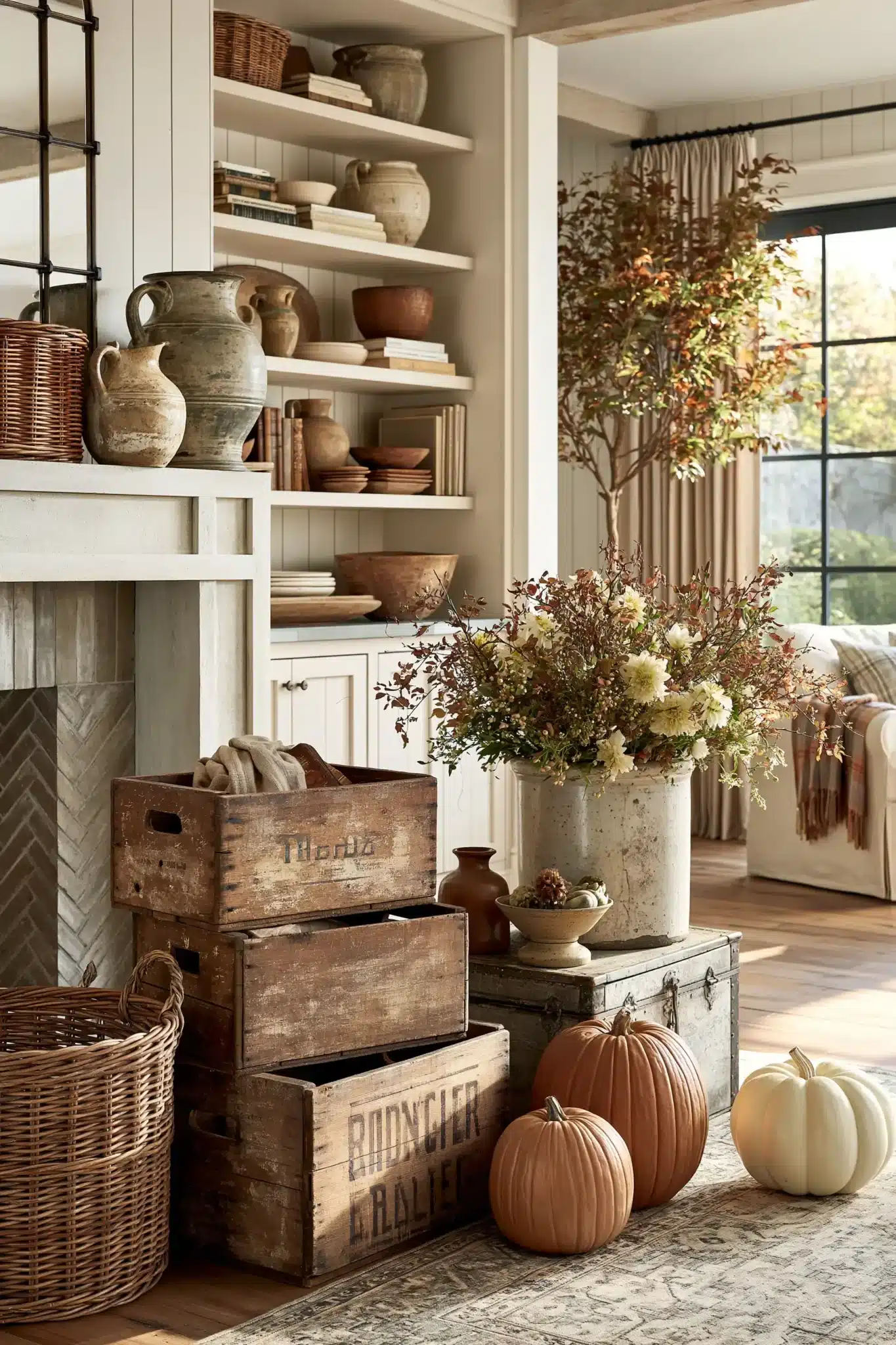 Vintage harvest decor with old pitchers, baskets, weathered crates, and pumpkins.