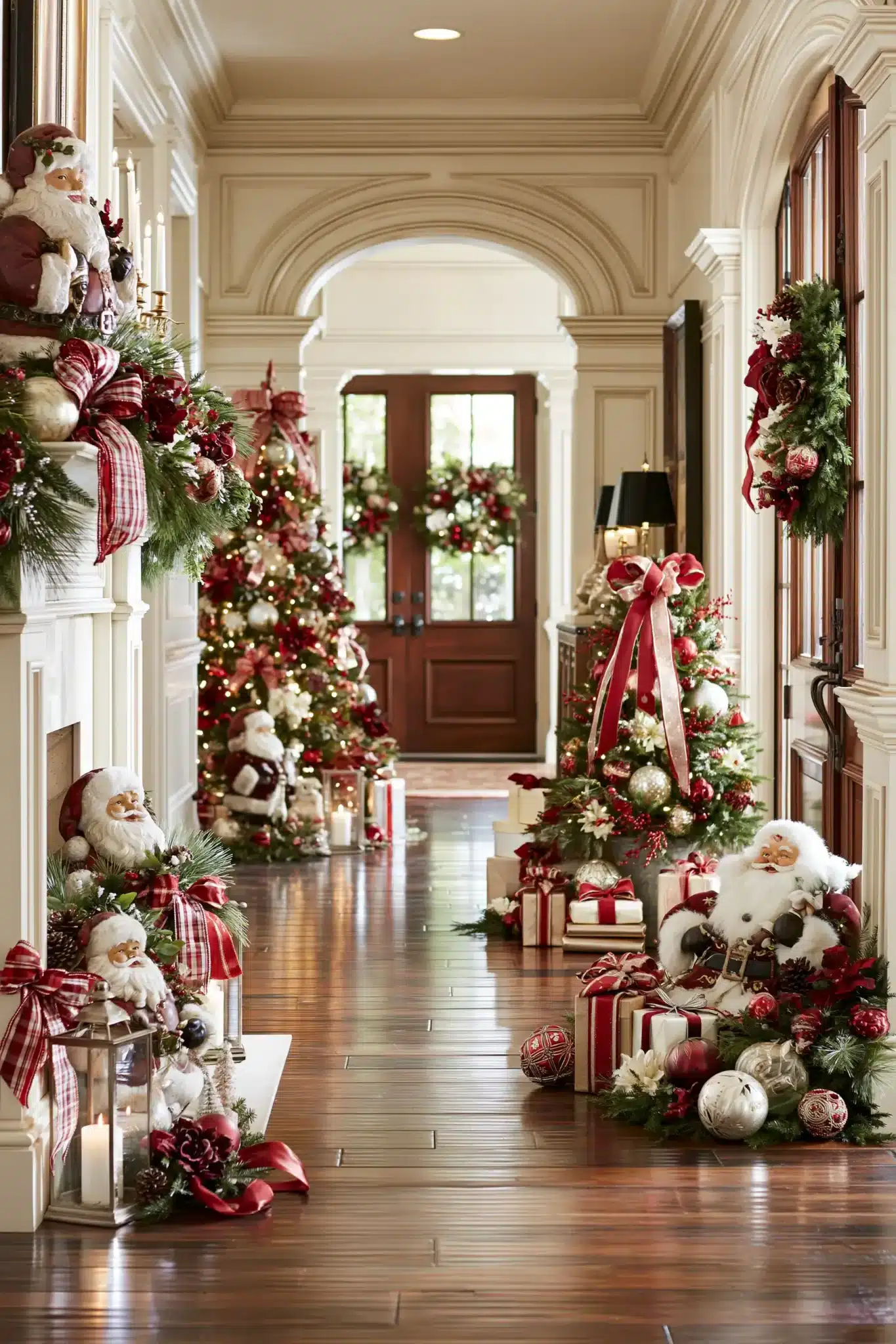 Hallway decorated with vintage Santa figurines and nostalgic Christmas accents