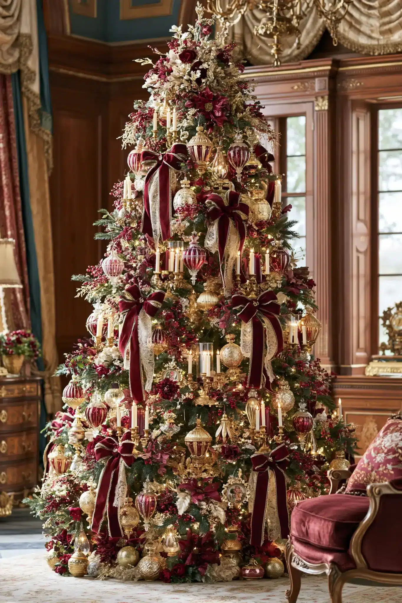 Vintage Victorian Christmas tree with velvet ribbons, ornate ornaments, and gold accents