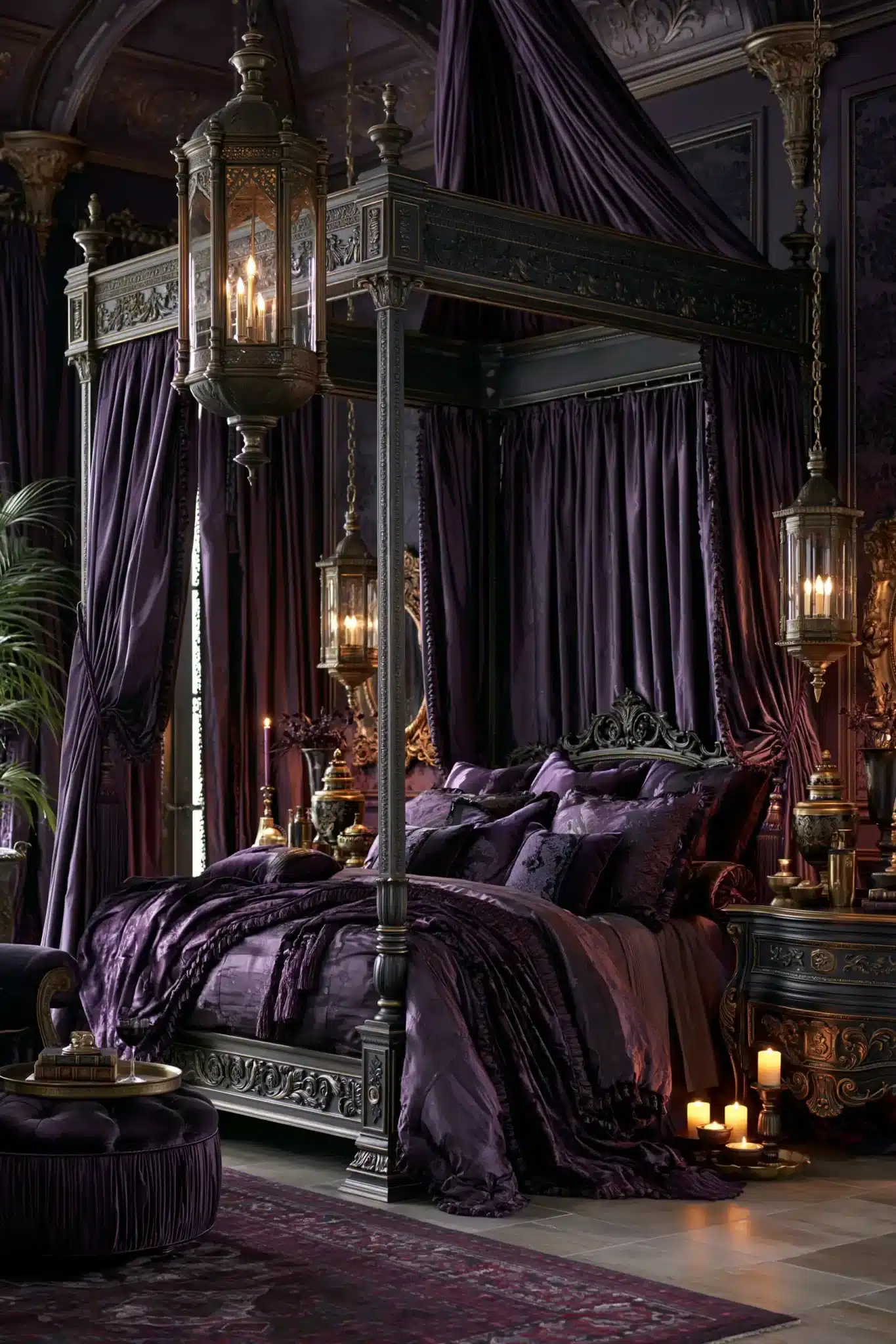 Purple gothic bedroom with violet tones, vintage furniture, dramatic curtains, and soft textures.