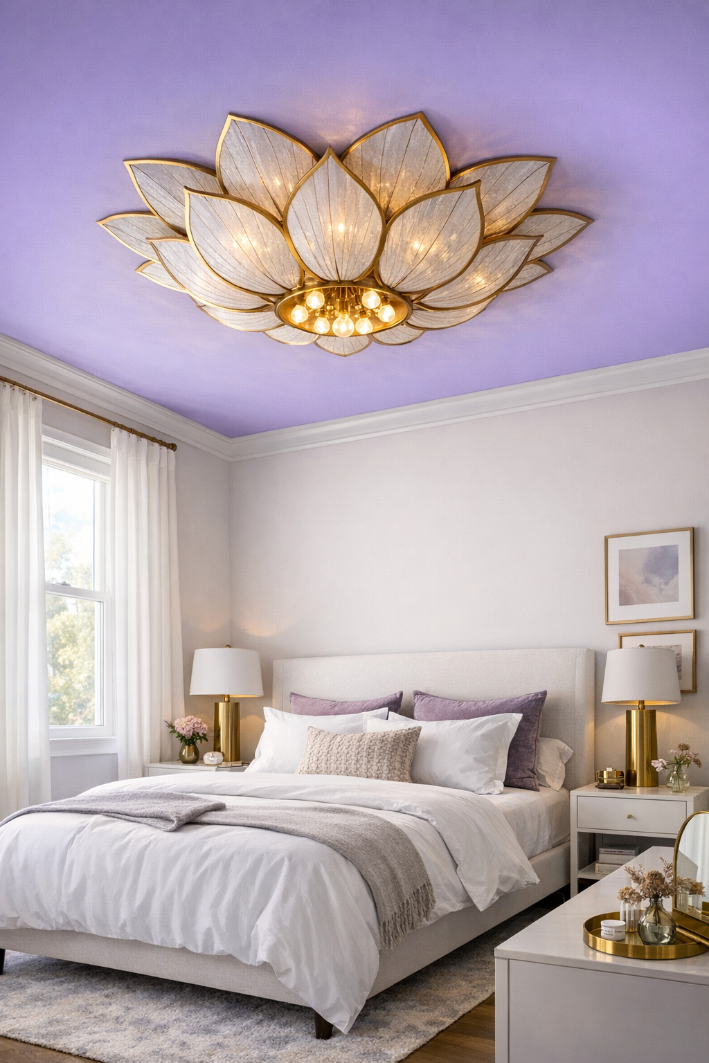 Purple bedroom with a soft violet painted ceiling, light bedding, and modern simple decor