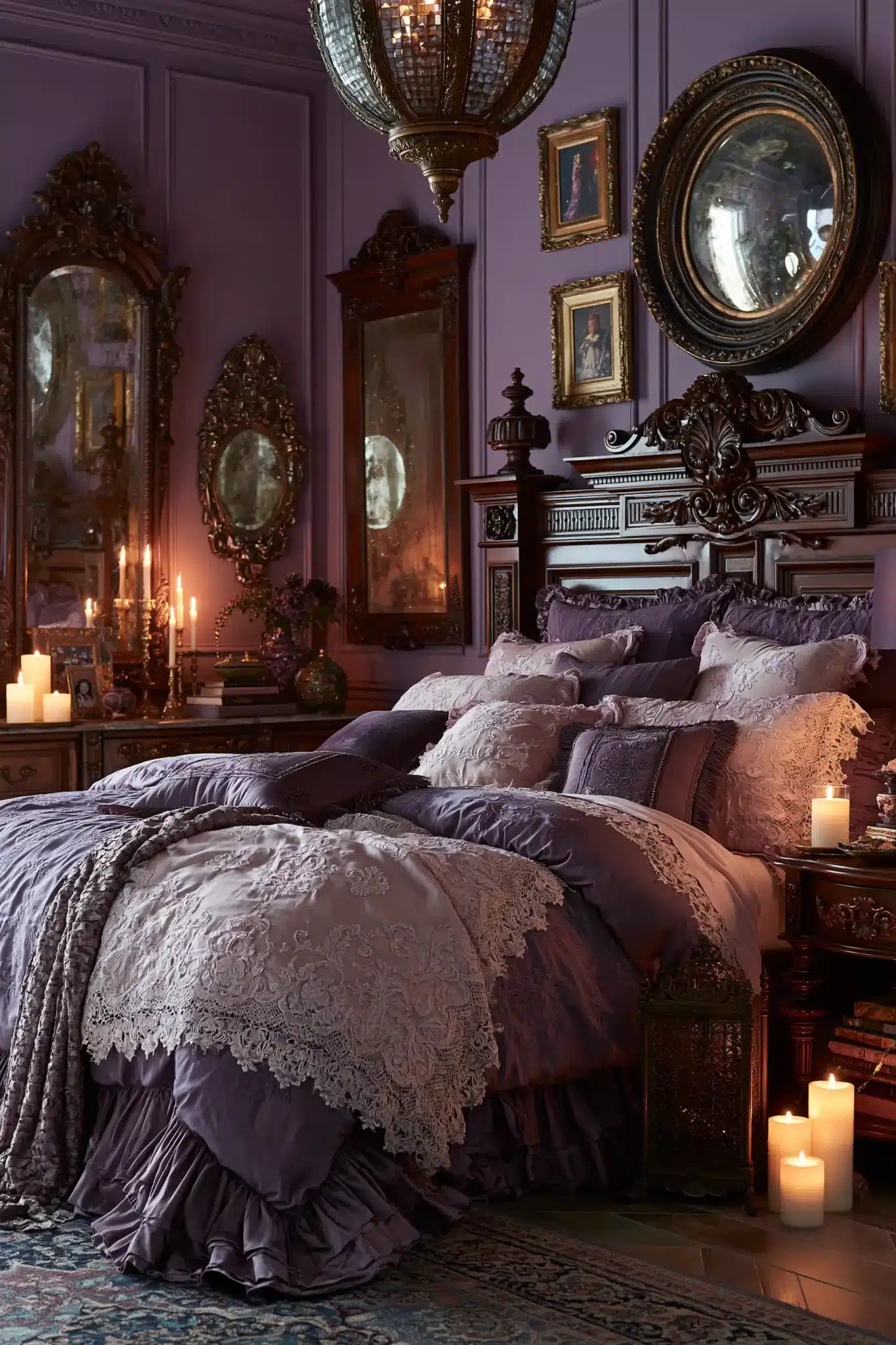 Romantic purple gothic bedroom with violet linen, candle-style lighting, reflective surfaces, and plush textures.