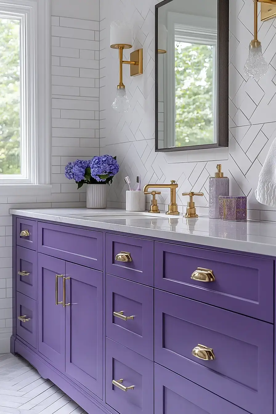 A violet bathroom vanity paired with neutral walls and metallic hardware