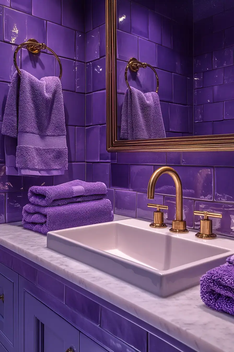 A violet bathroom with gold accents and polished fixtures