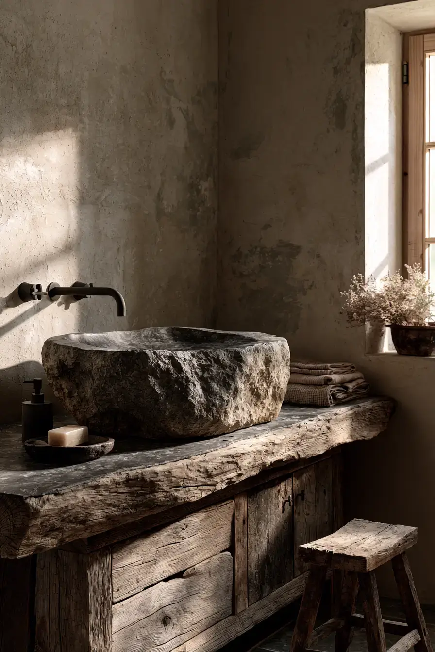 A wabi-sabi bathroom with a raw stone sink and simple natural décor
