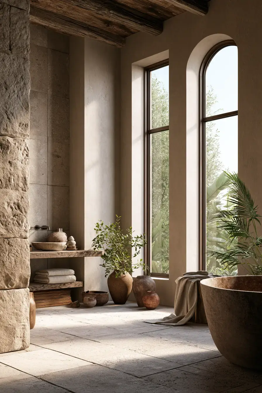 Wabi-sabi Japandi bathroom with handcrafted materials, muted colors, and natural textures