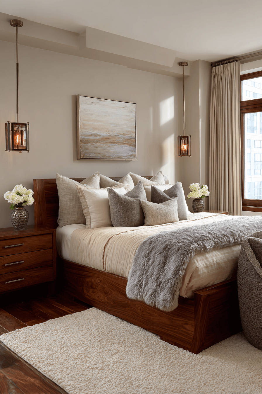 A warm bedroom with walnut wood furniture, taupe walls, and creamy bedding