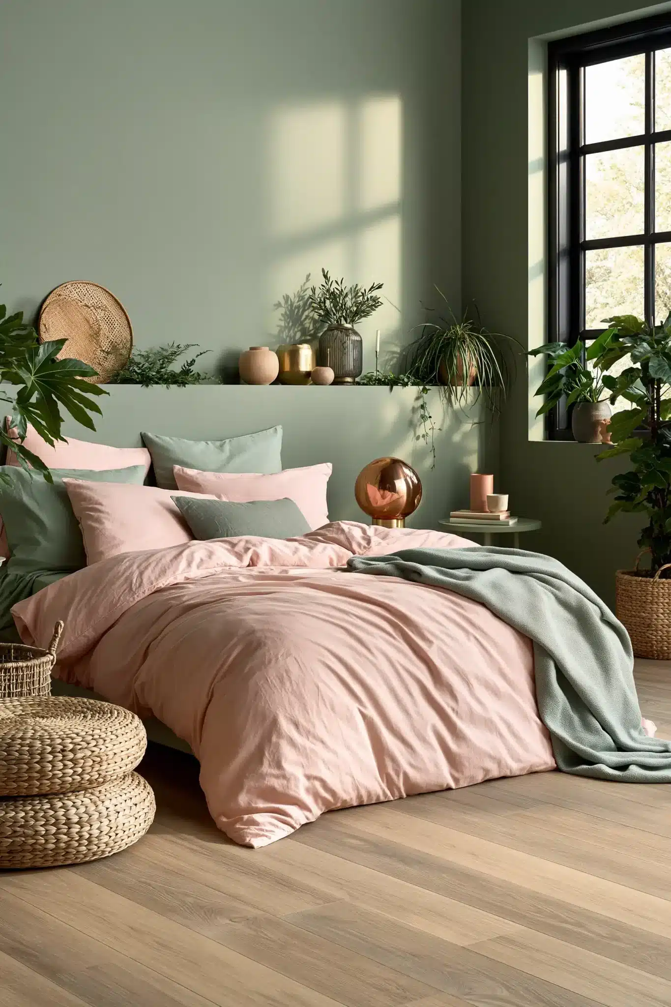 Warm and elegant sage green and blush bedroom with woven storage and layered textiles.