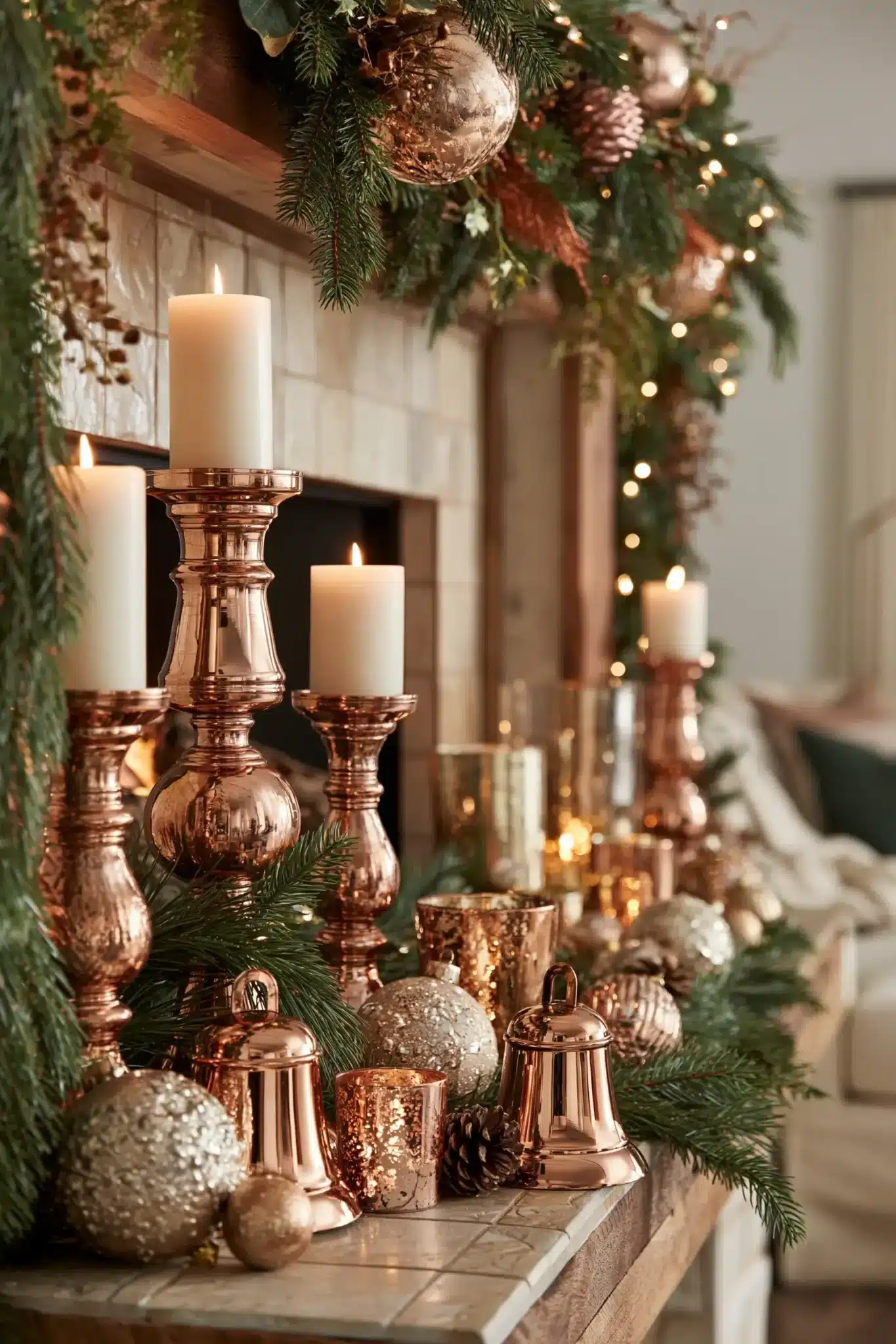 Christmas mantel with copper candleholders, ornaments, and evergreen garland