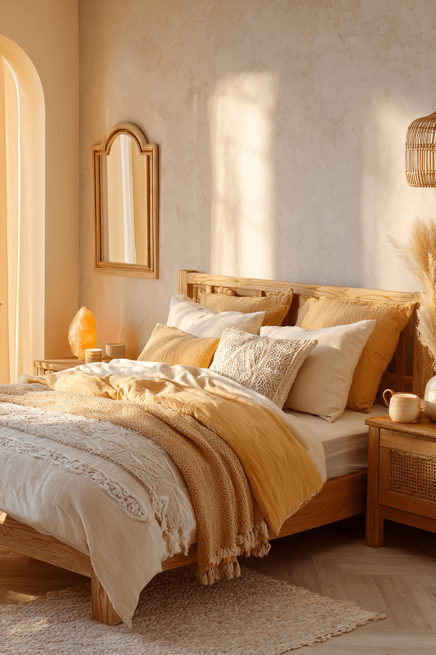 Warm beachy bedroom with amber lighting gold accents creamy bedding and wood furniture