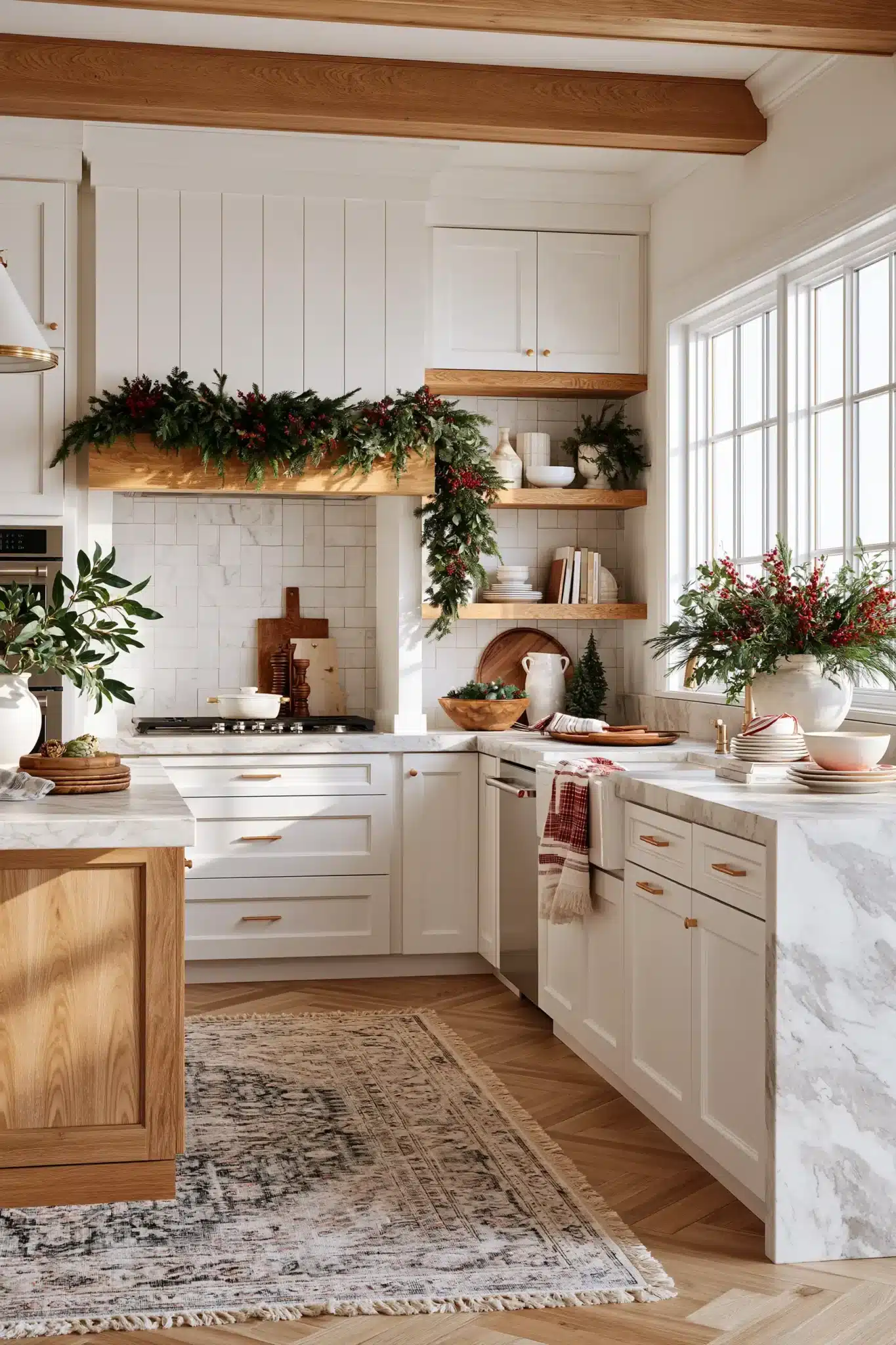 A kitchen decorated with classic Christmas accents and greenery