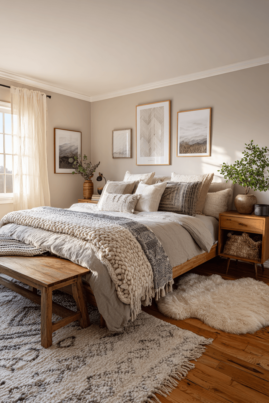 A warm maximalist bedroom with layered textures, patterned textiles, and curated decor
