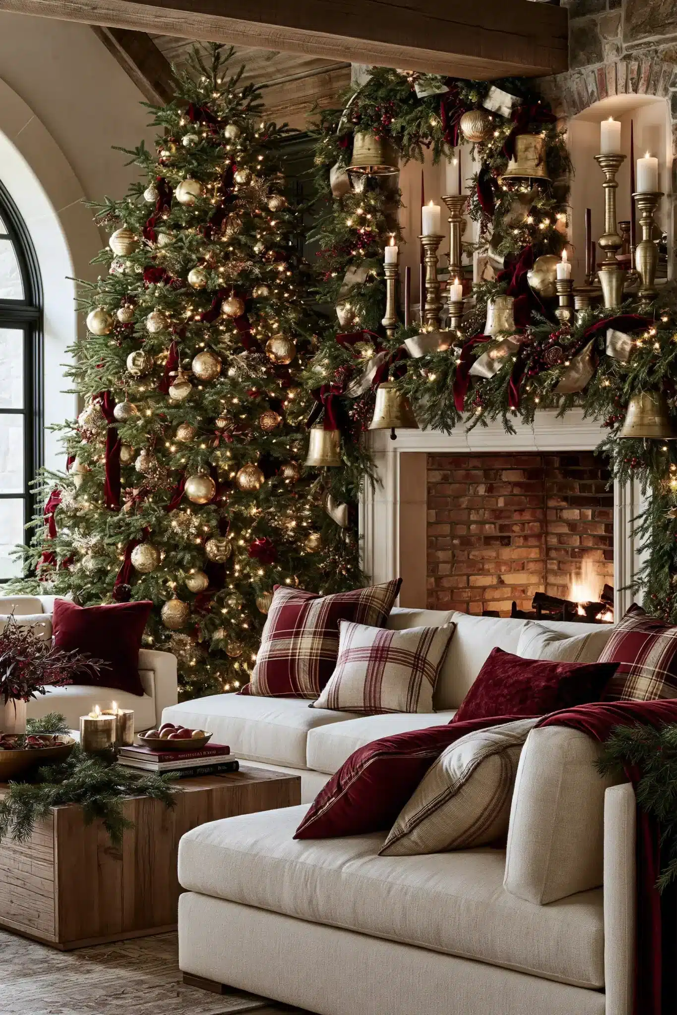 Christmas decor styled with warm gold and brass metallic accents.