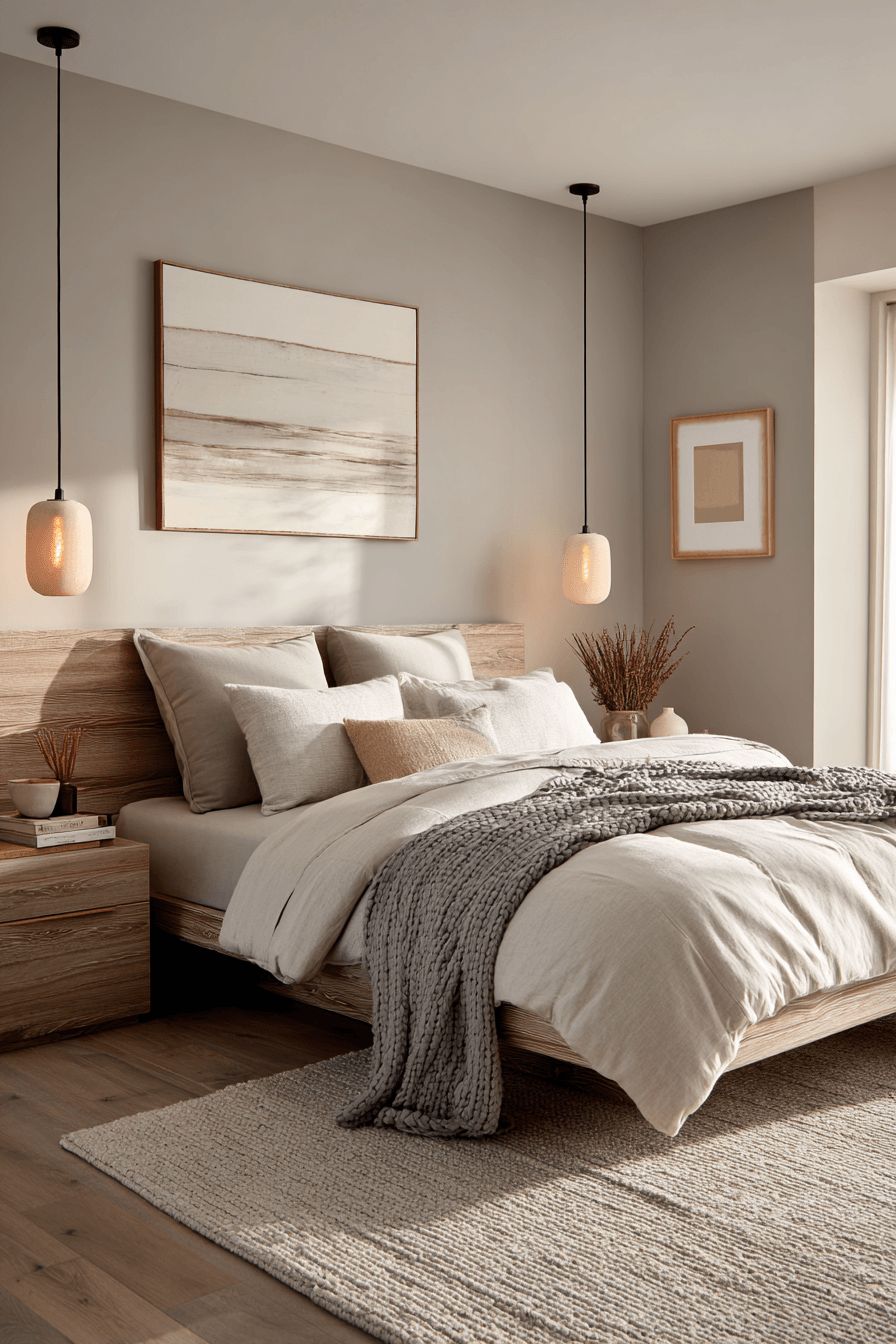A warm minimalist bedroom with clean-lined furniture, beige tones, and wood accents