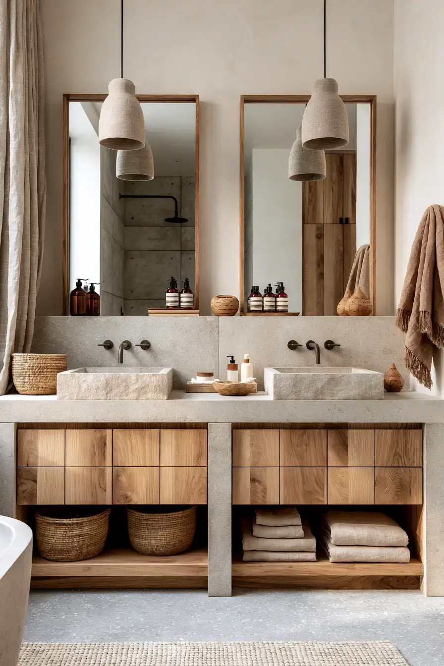Warm minimalist Japandi bathroom with wood, stone, linen, and hidden storage