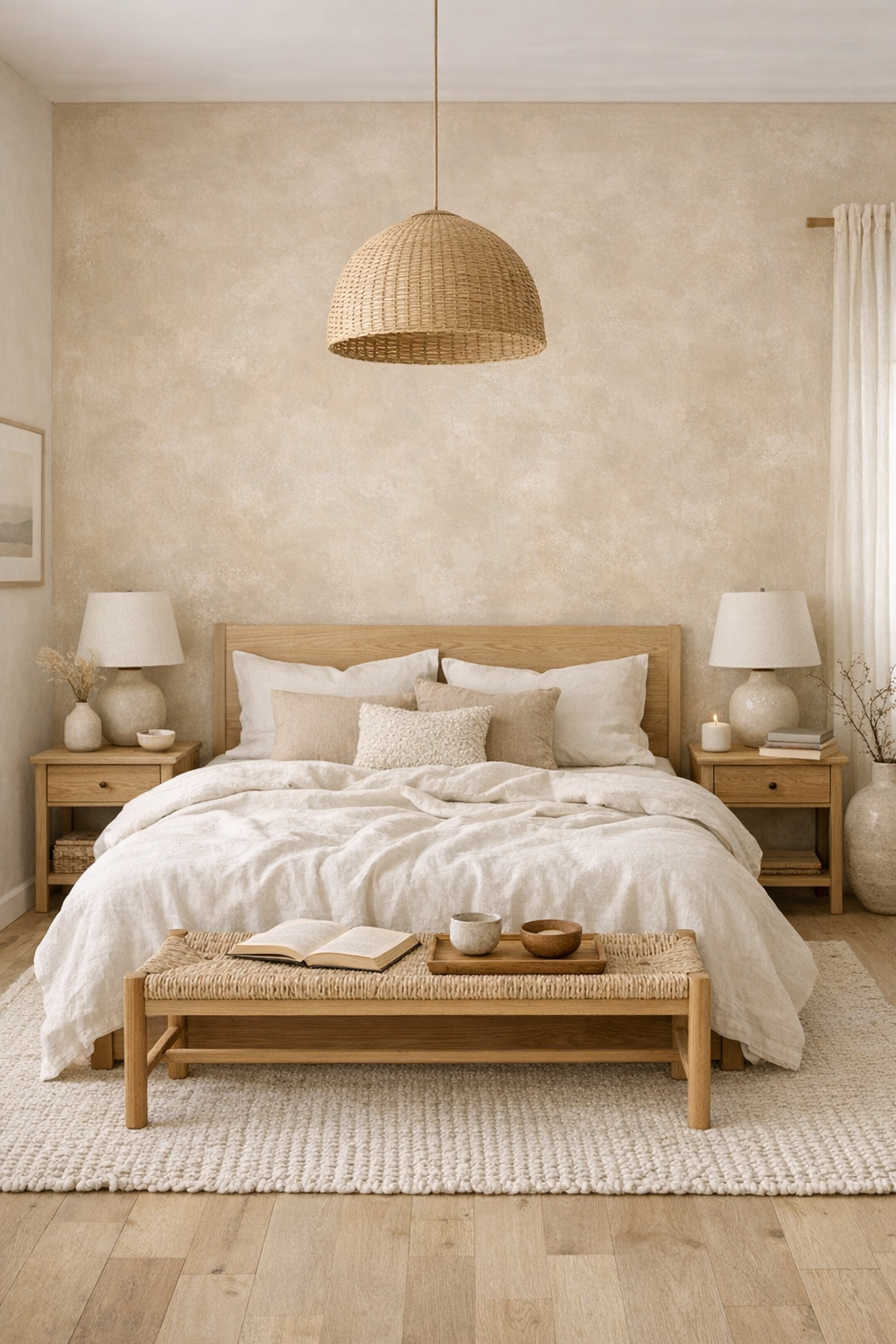 Warm neutral bedroom with a limewashed sand-colored feature wall and ivory bedding