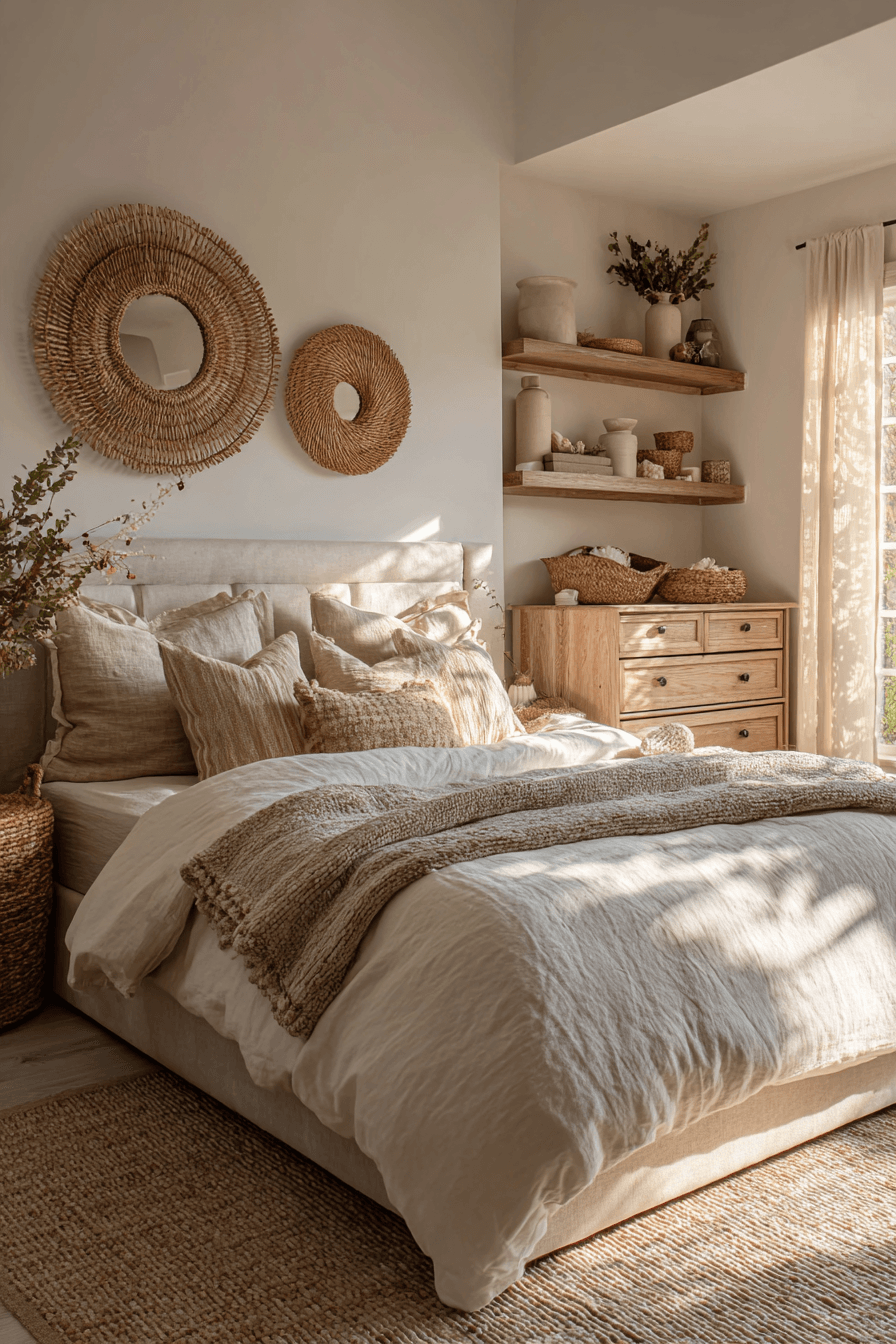 Beachy boho bedroom in warm sand tones with cane accents, jute textures, and a light cotton canopy