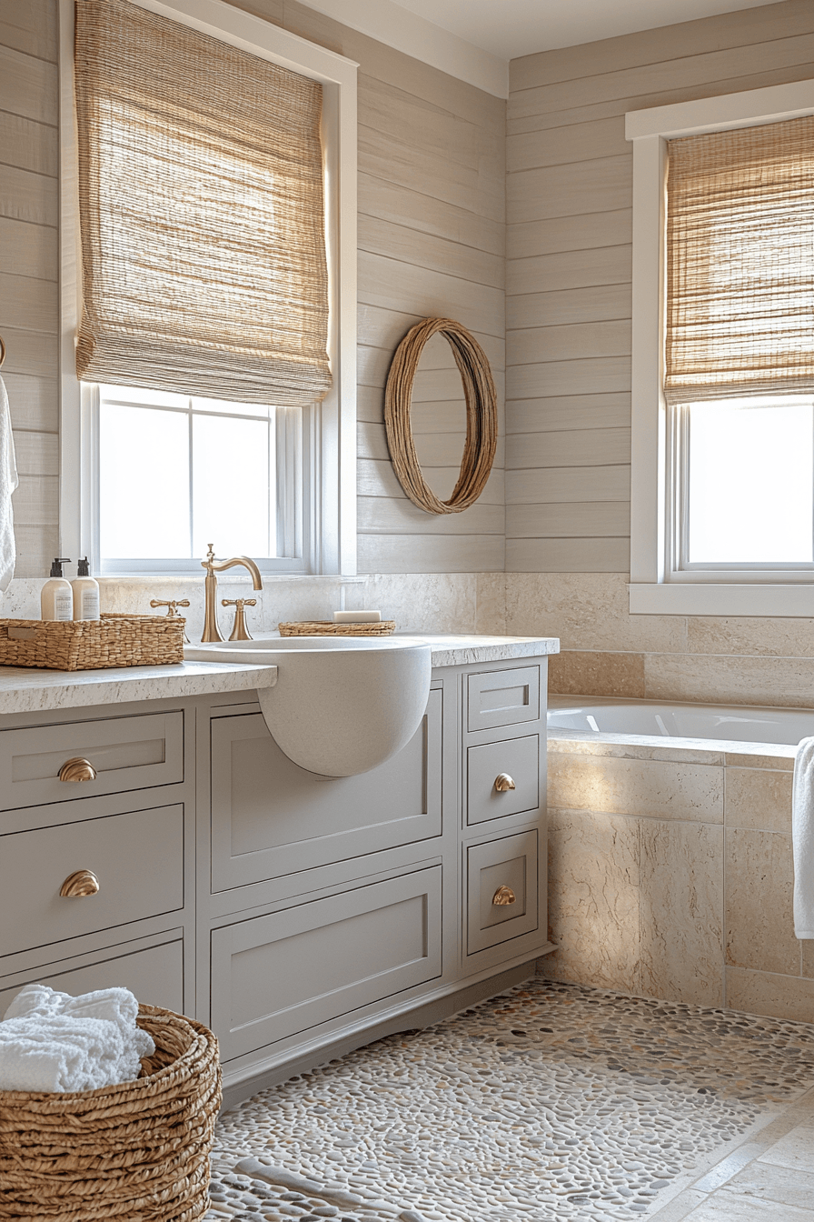 Sandy beige bathroom with stone finishes, warm wood vanity, and coastal accents