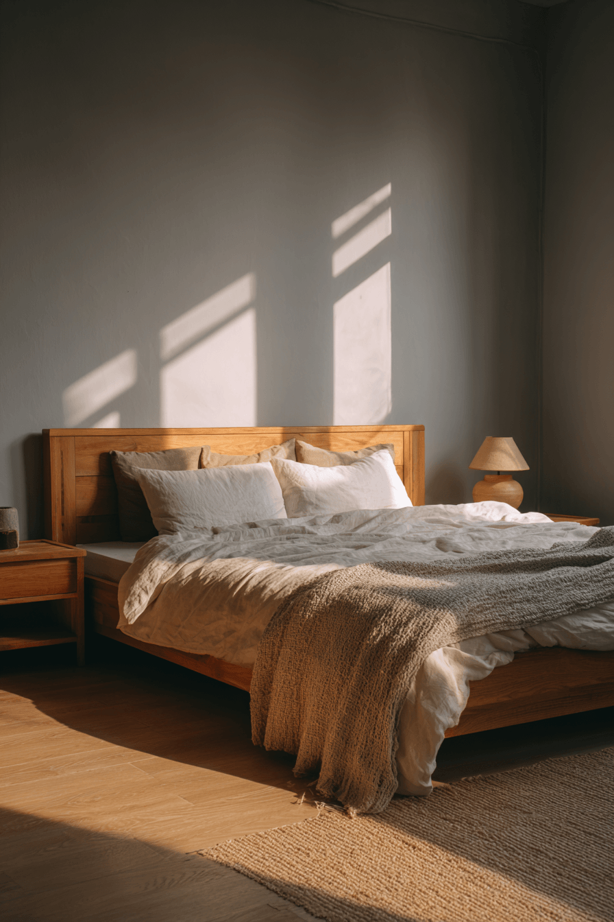Warm Scandinavian style bedroom with soft textiles and natural wood