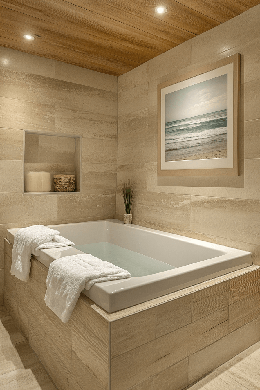 Spa-style beachy bathroom with sandy tile, warm lighting, and a soaking tub