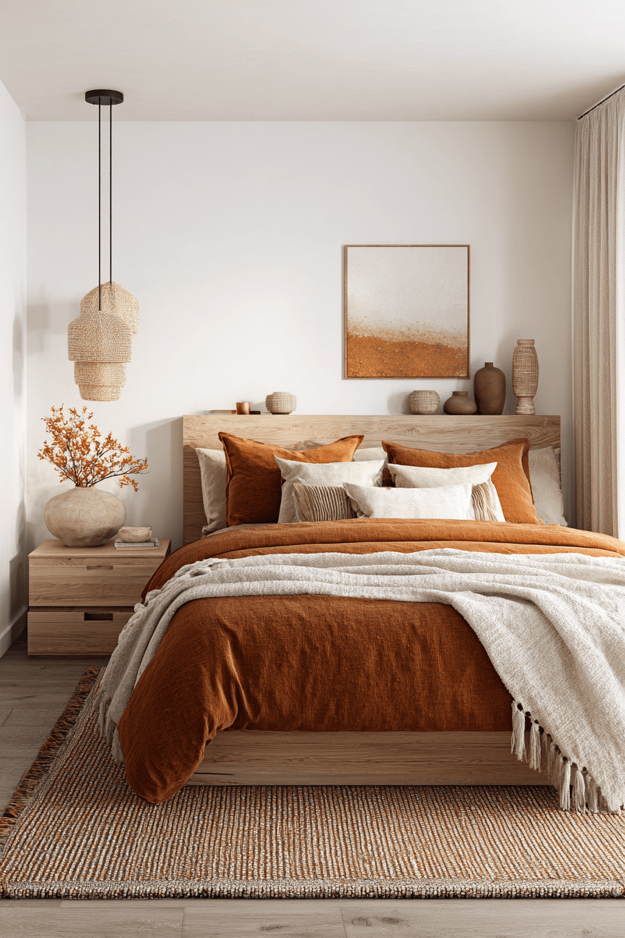 Scandinavian style bedroom with warm textiles, light wood, and layered rugs