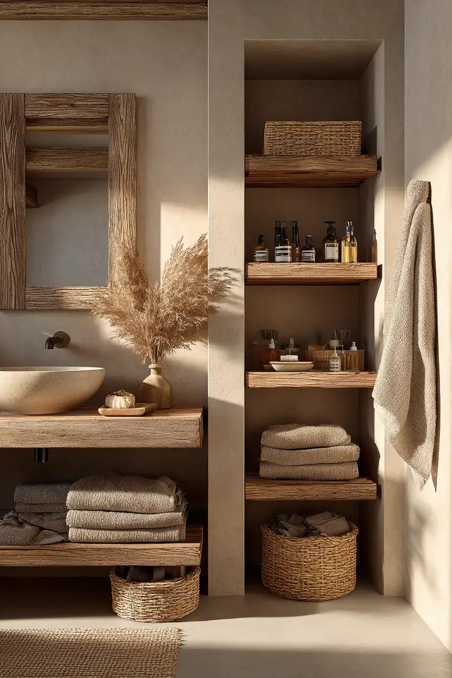 Earthy bathroom with warm beige walls and natural textures