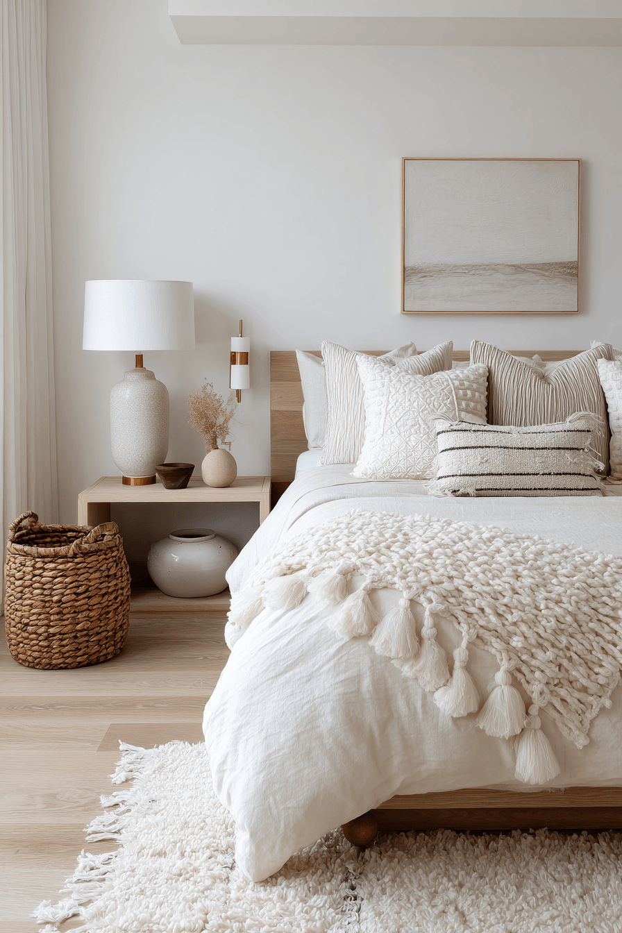 A warm white cozy bedroom with creamy bedding, linen curtains, and a plush rug.