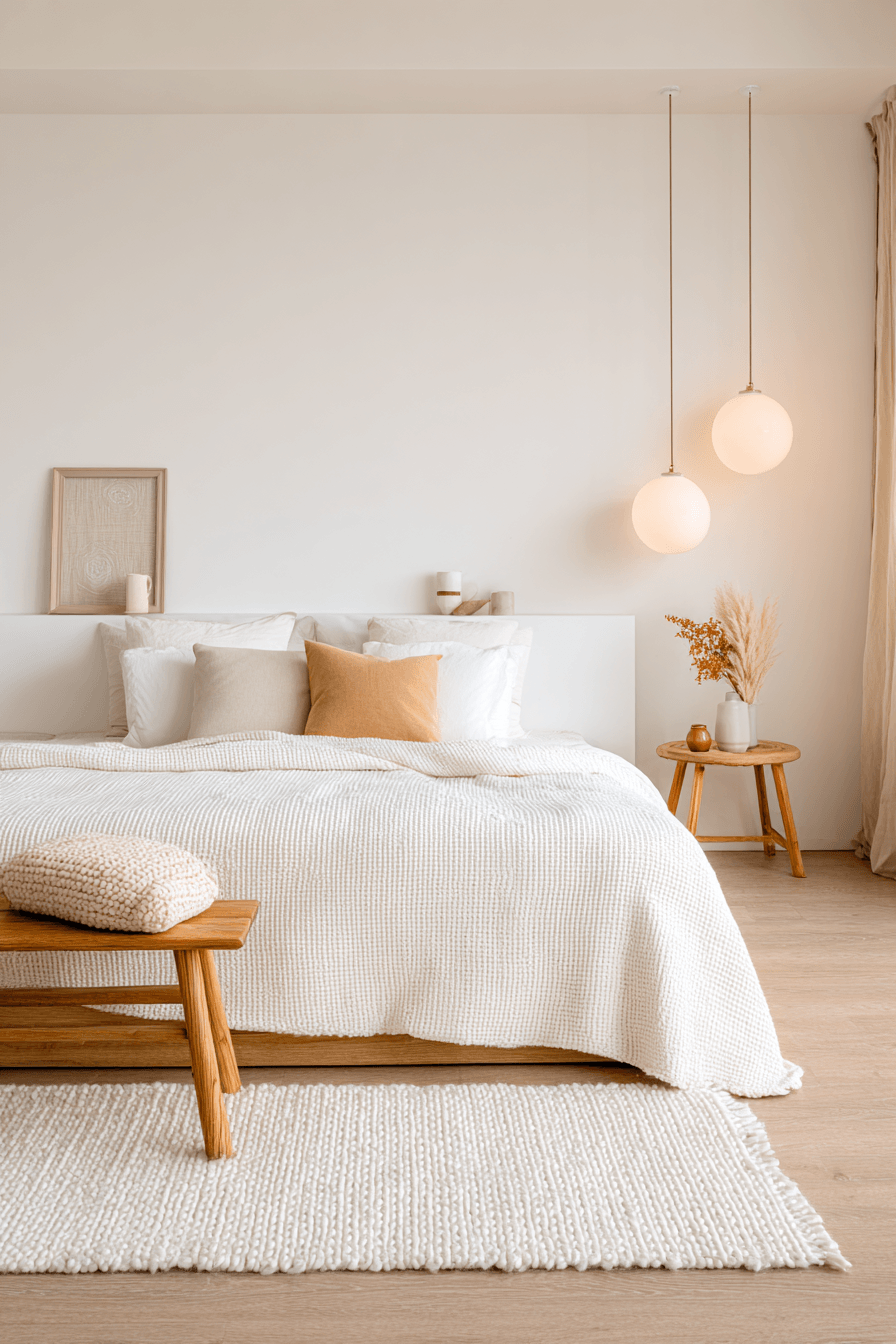 Warm minimalist bedroom in soft warm white tones with natural textures