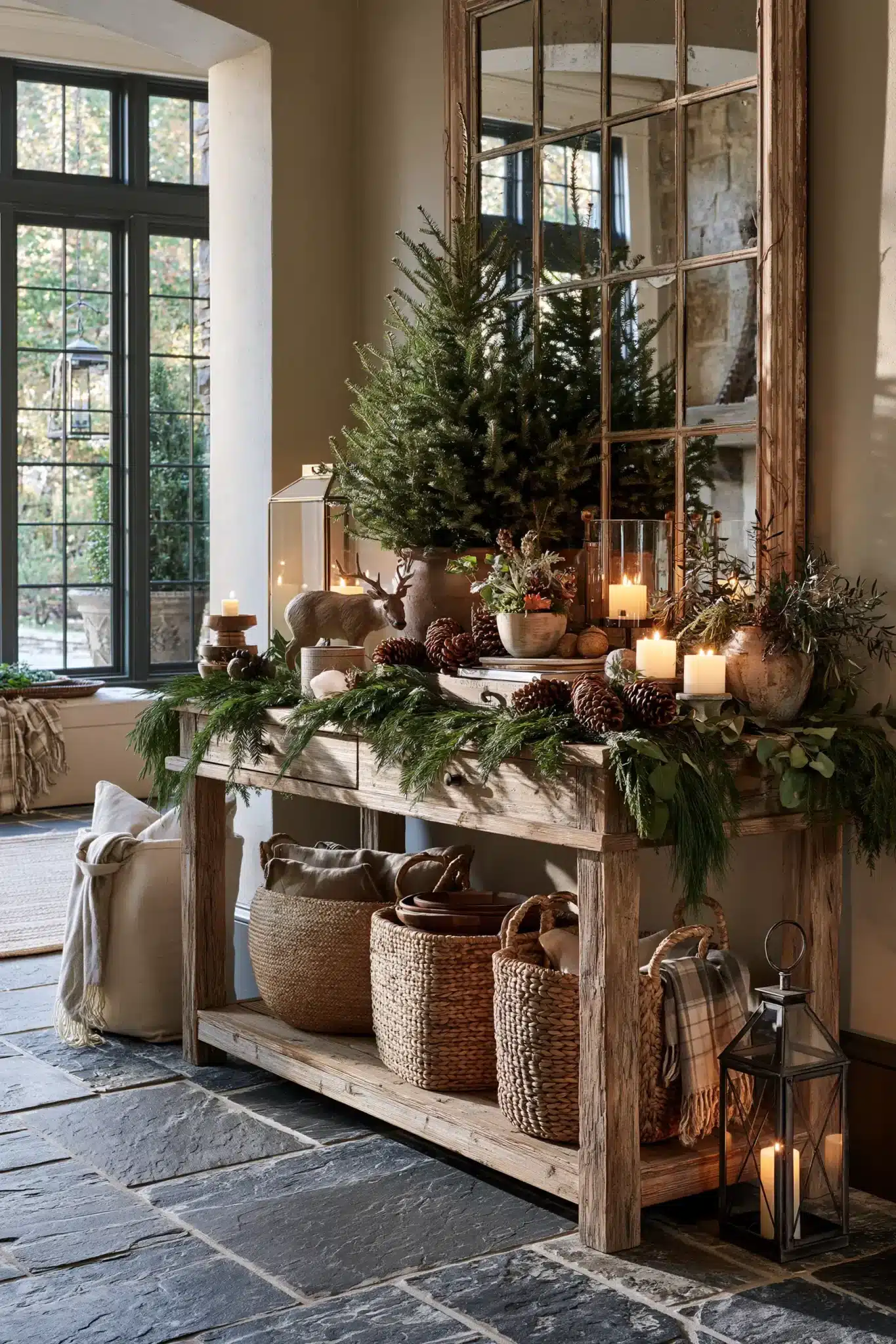 Warm woodland Christmas entryway table with evergreen branches, pinecones, and wood textures