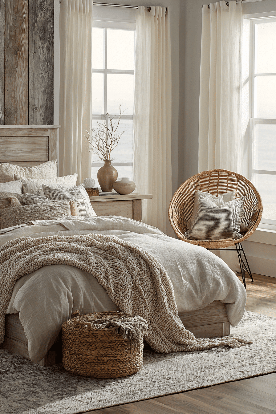 Driftwood-inspired warm neutral bedroom with linen bedding and soft gray accents