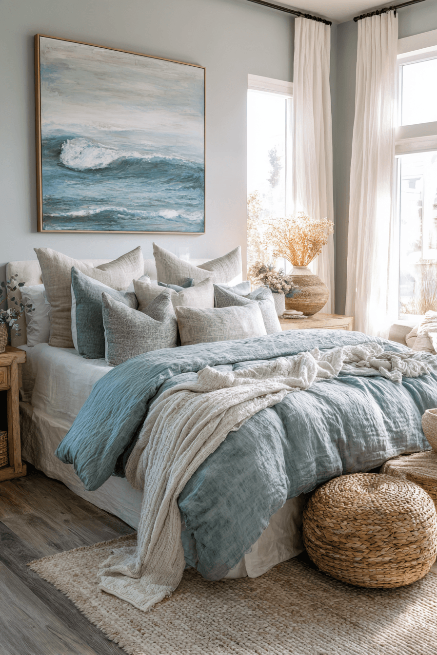 Beachy boho bedroom with layered blue bedding, wavy textures, macramé details, and ocean-inspired art