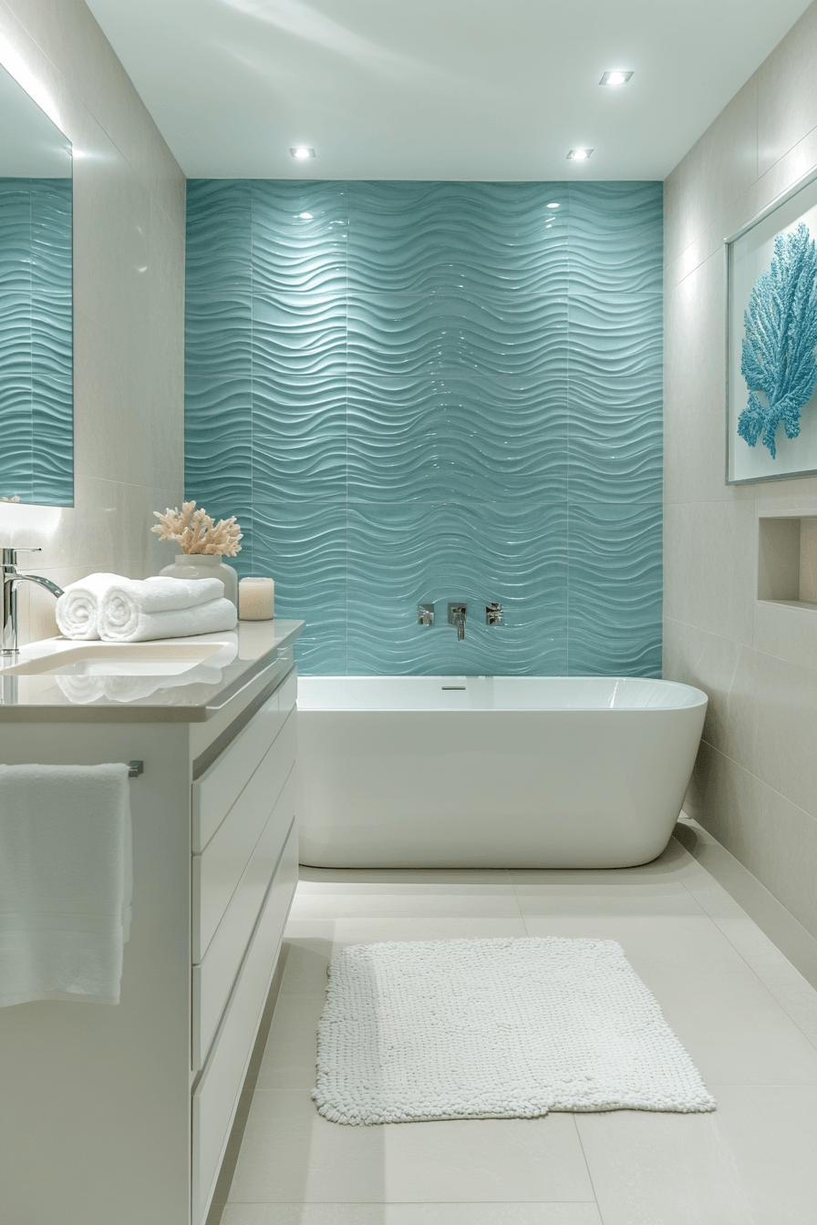 Bathroom shower with wavy blue feature tile and simple coastal finishes