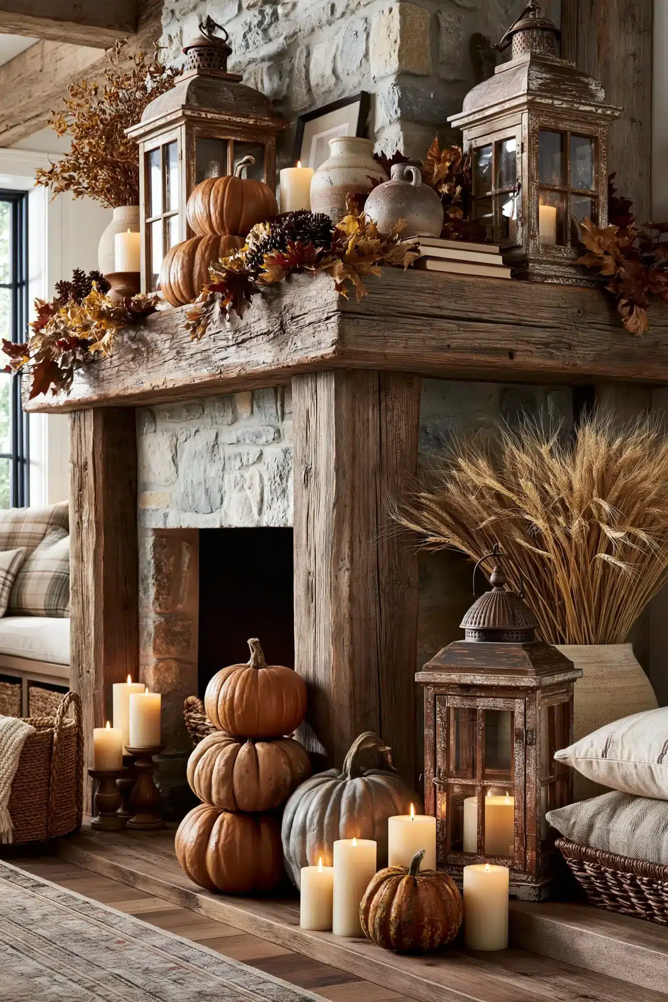 Rustic Thanksgiving mantel decor with distressed finishes, lanterns, pumpkins, and dried leaves.