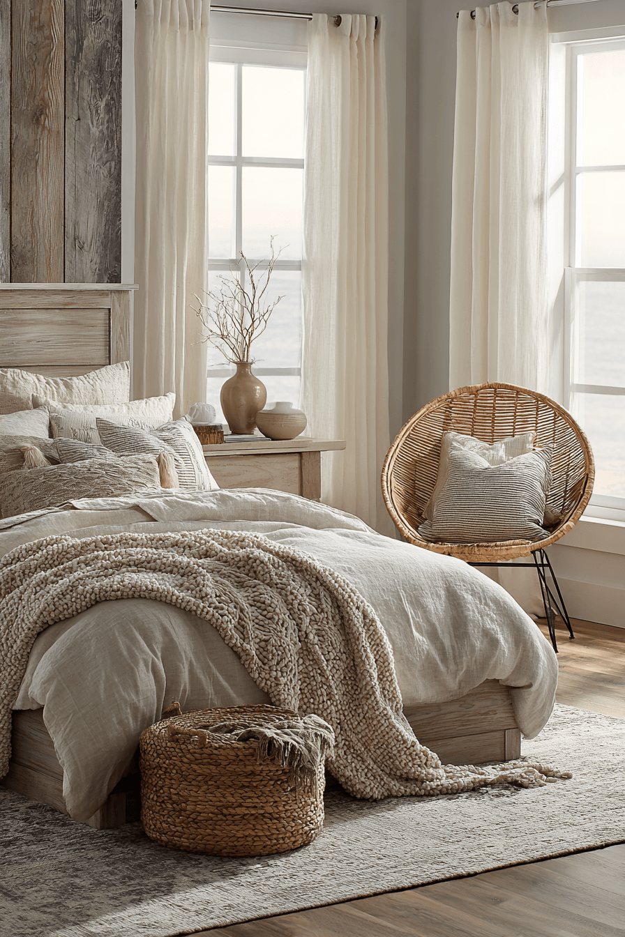 Coastal warm neutral bedroom with driftwood bed frame and linen bedding