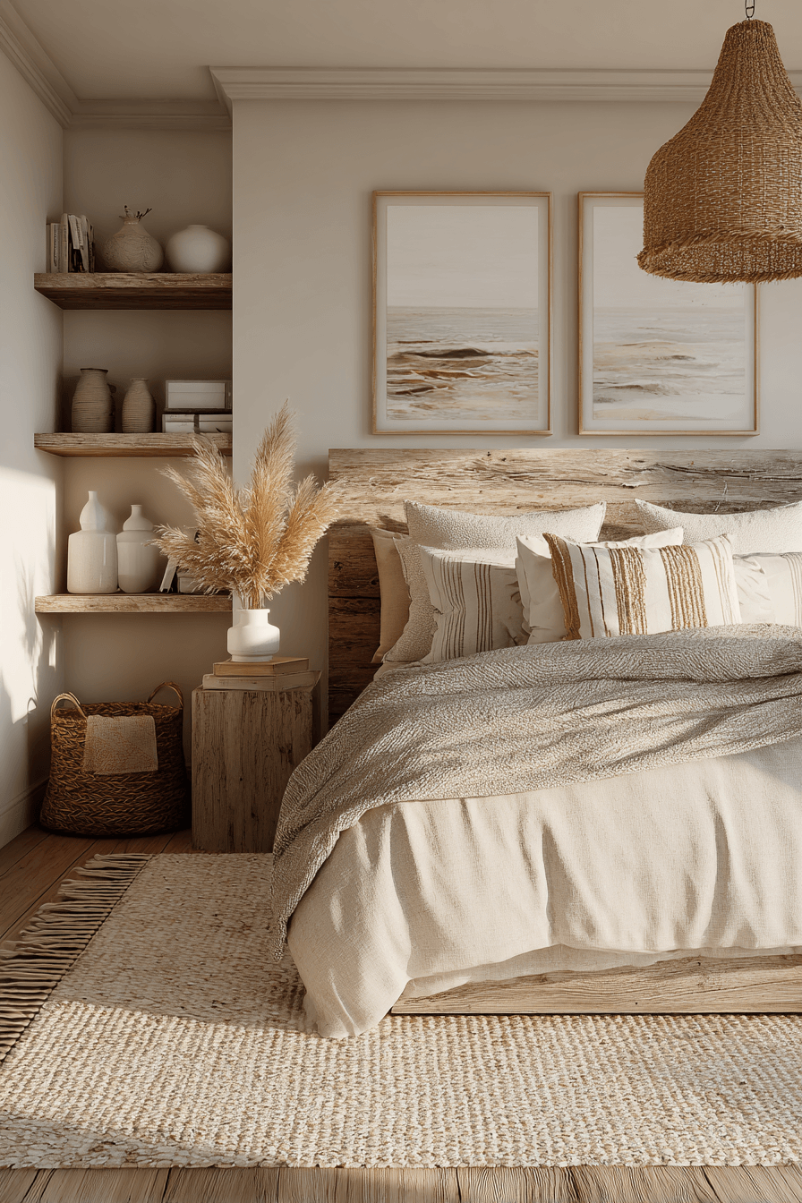 Beachy boho bedroom with weathered driftwood styling, light oak furniture, and sandy abstract wall art