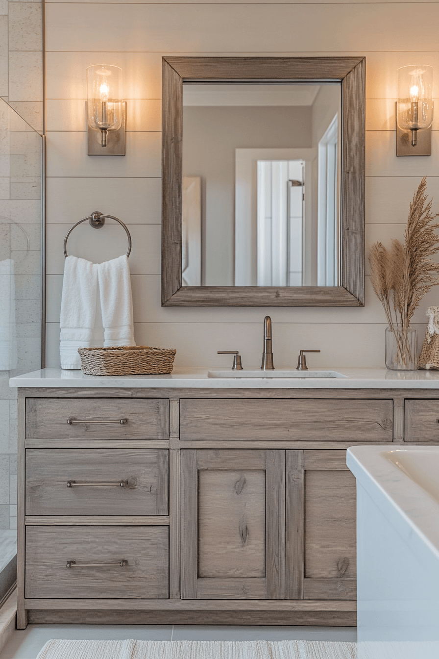 Relaxed beachy bathroom with weathered wood, neutral tile, and simple styling