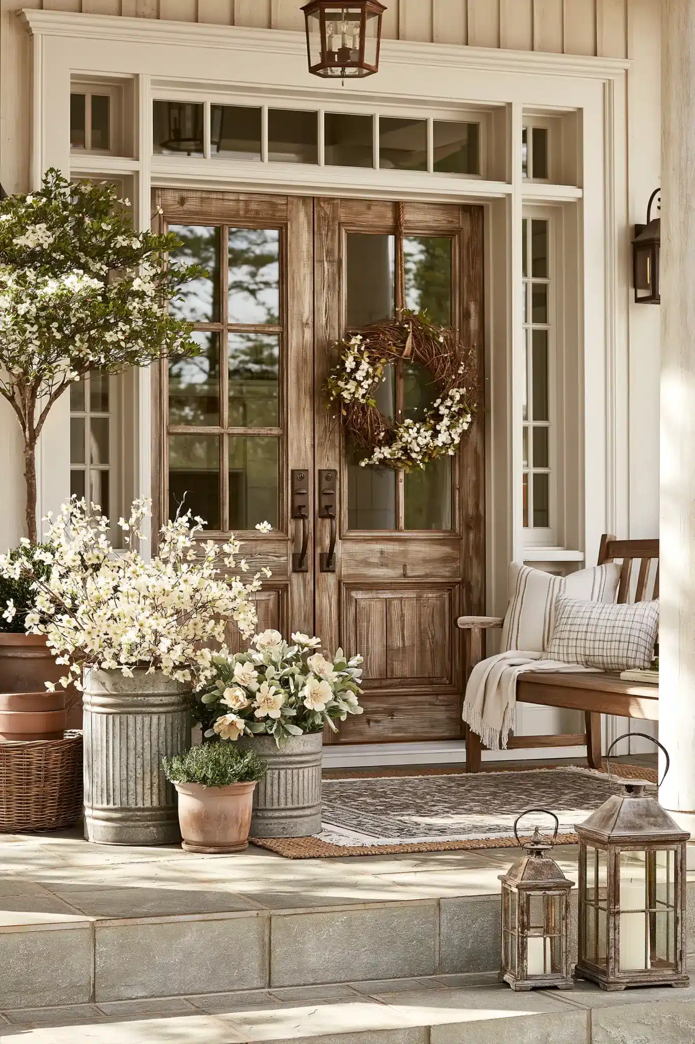 A rustic spring porch with weathered containers, wood accents, and fresh seasonal plants.