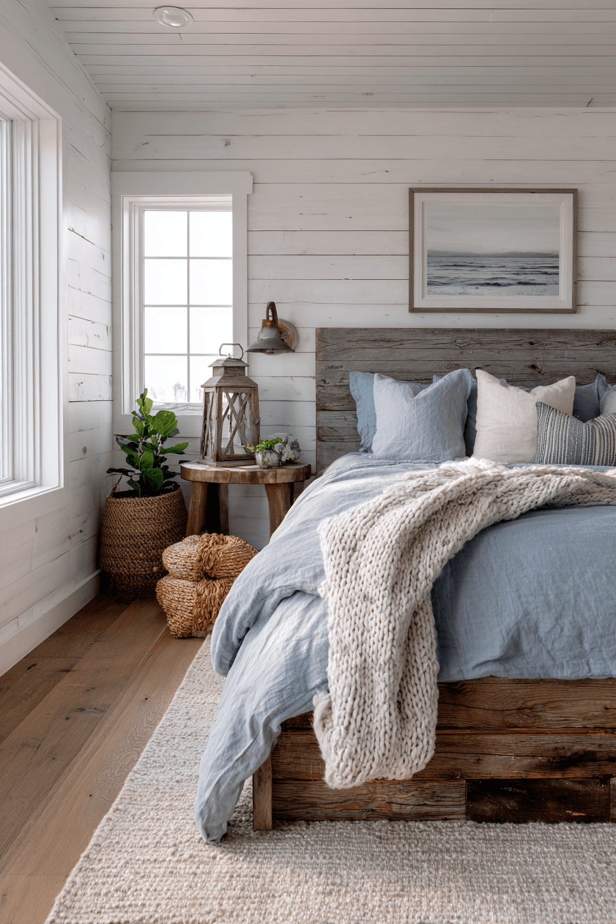 Rustic coastal cottage bedroom with weathered wood, nautical lighting, and beachy art