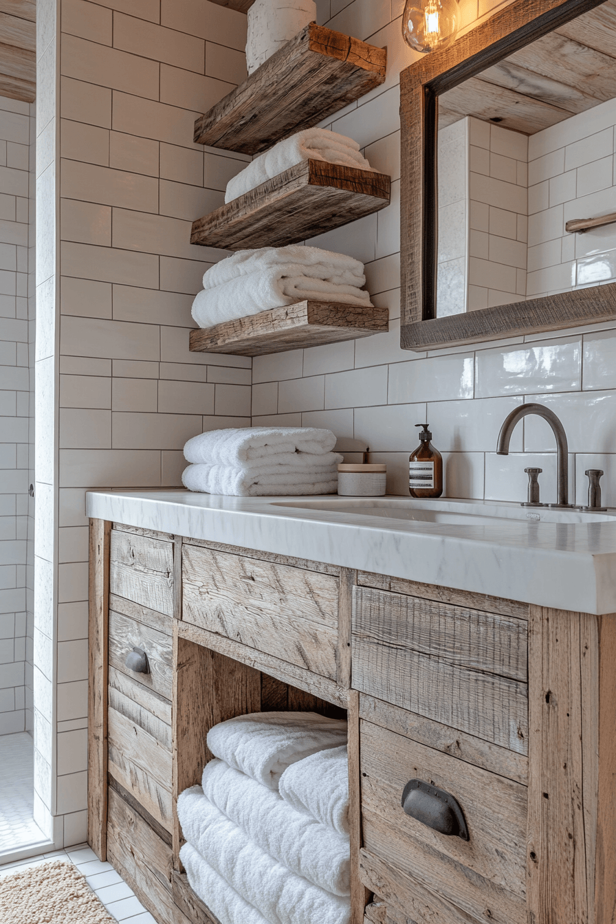 Coastal bathroom styled with weathered wood accents and pale seaside colors