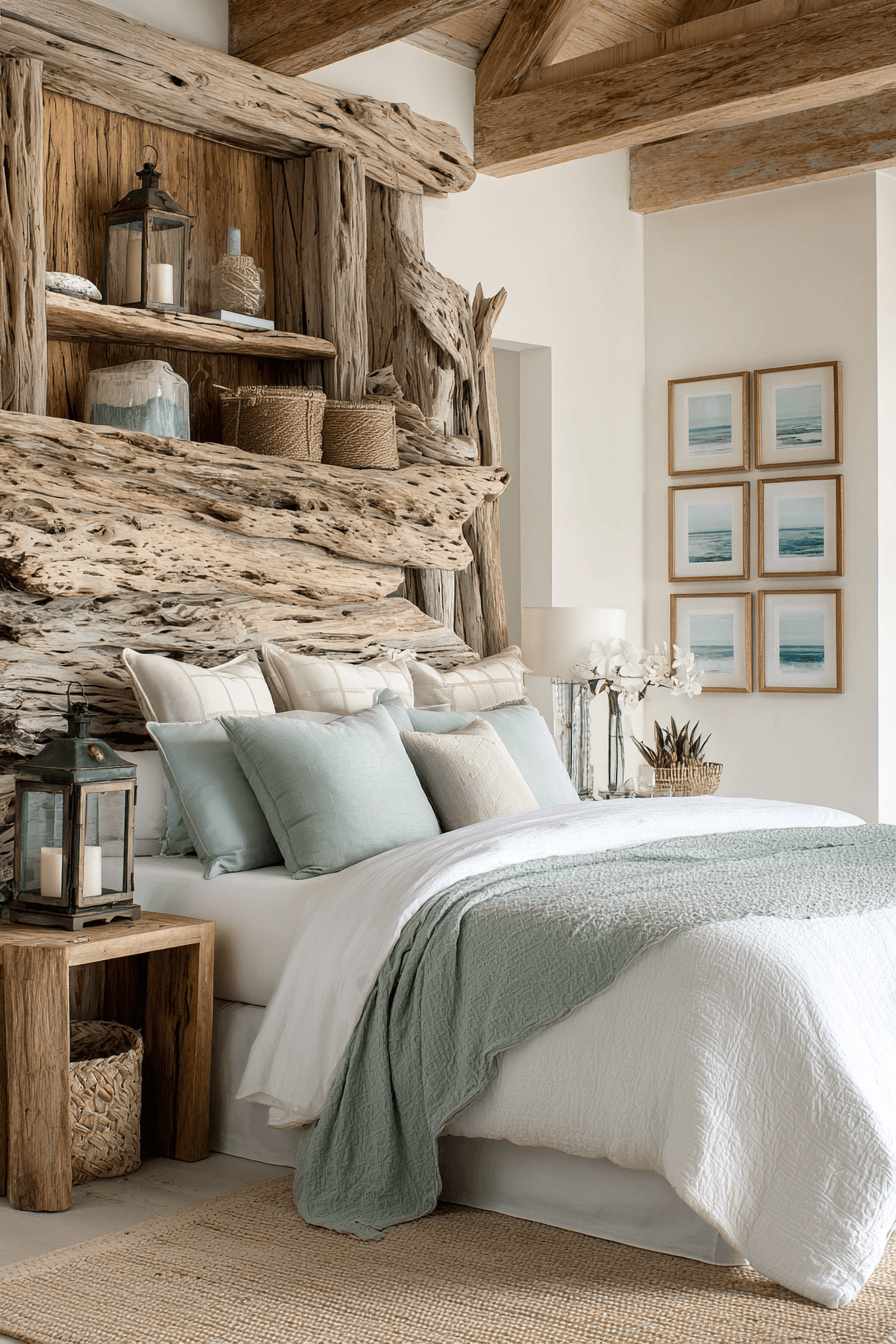 Coastal bedroom with weathered driftwood headboard soft white bedding and pale blue accents