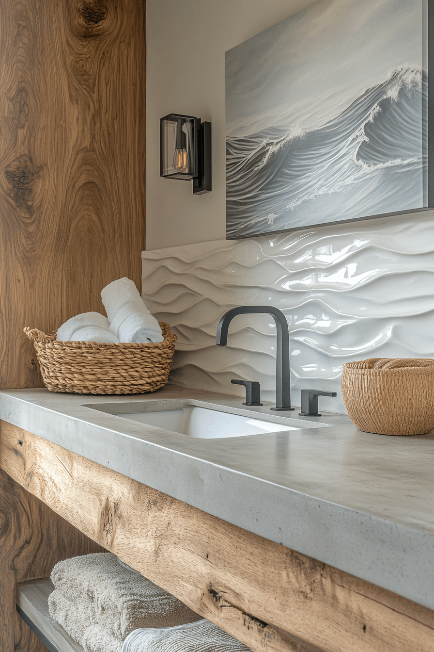 Coastal bathroom with weathered wood vanity, wave-pattern flooring, and light blue walls