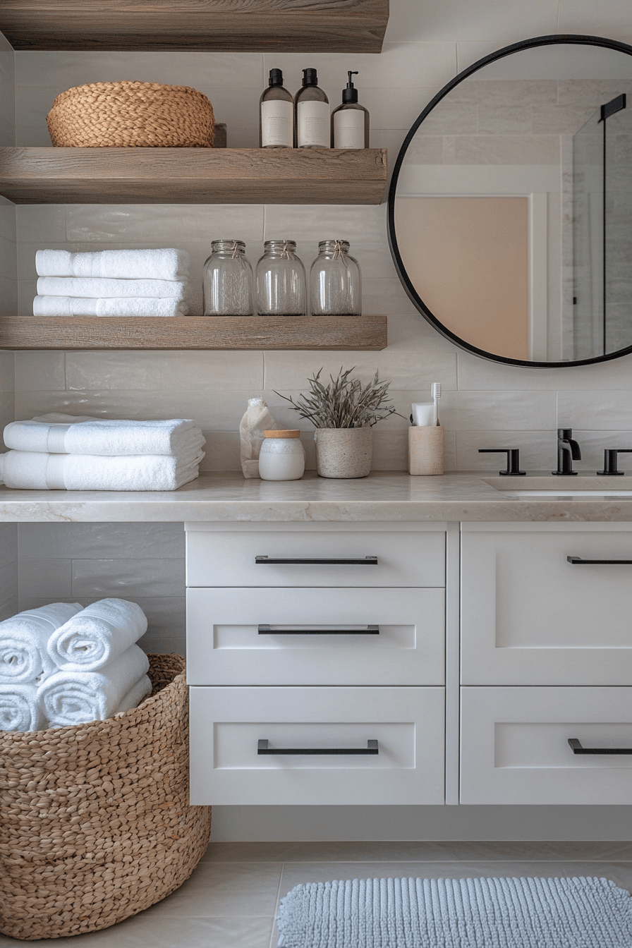 Modern coastal bathroom with a weathered wood vanity and quartz countertop