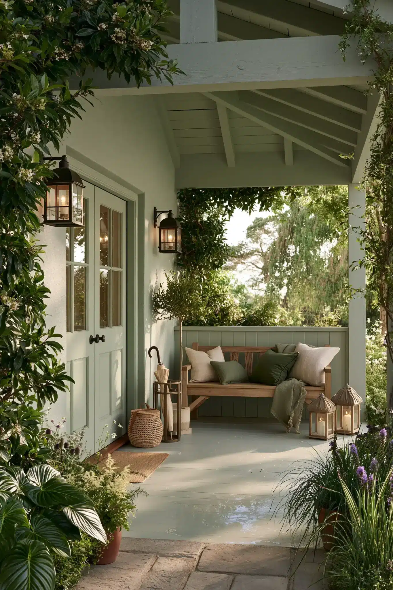 A spring porch designed for rainy weather with weather-friendly plants, cozy seating, and lanterns.