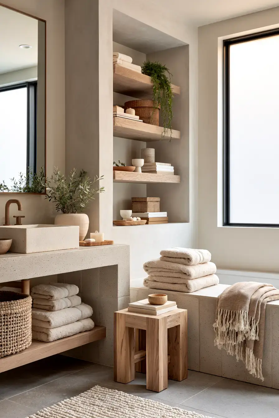 Japandi wellness bathroom with natural materials, soft tones, and practical storage